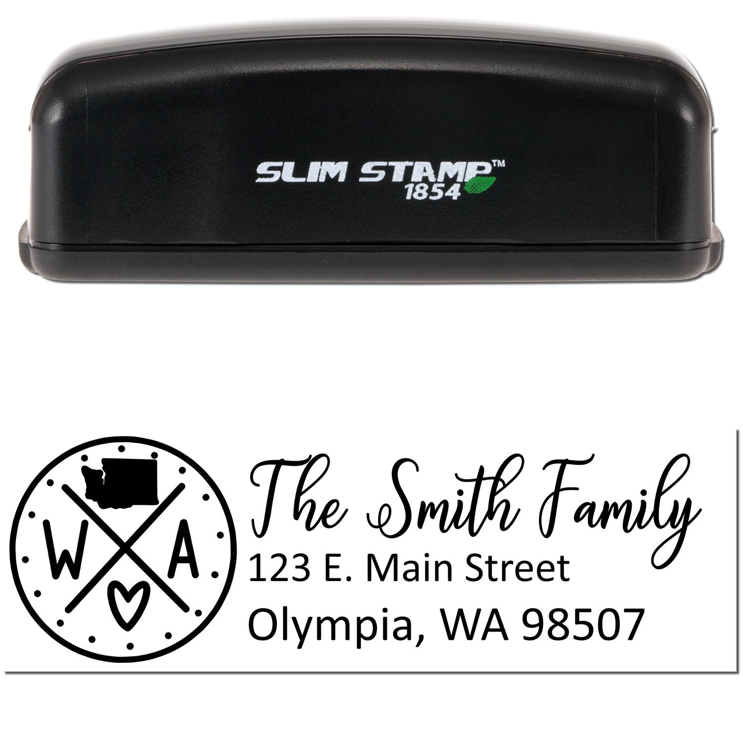 Slim Washington Customized Pre-Inked Address Stamp in black, featuring The Smith Family with an address in Olympia, WA. Compact design with a state and heart logo.