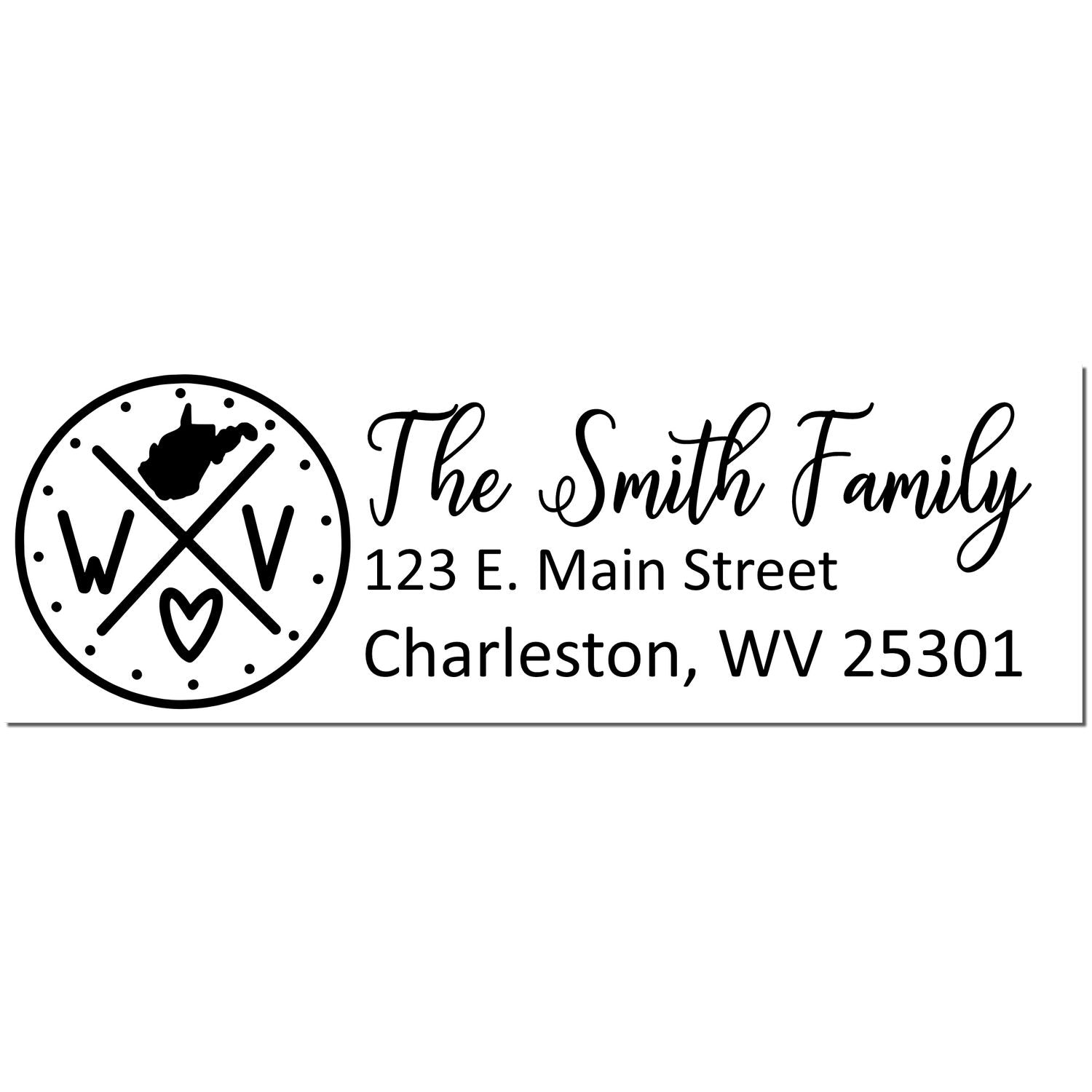 West Virginia State Pride Customized Address Stamp featuring a circular design with WV and a heart, alongside personalized text for The Smith Family at 123 E. Main Street, Charleston, WV 25301.