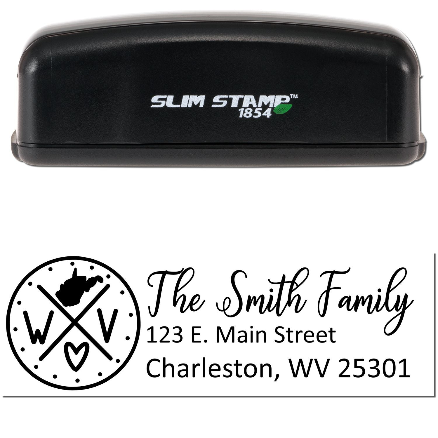 Slim West Virginia Customized Pre-Inked Address Stamp with a sleek black design, featuring personalized text for The Smith Family at 123 E. Main Street, Charleston, WV 25301.