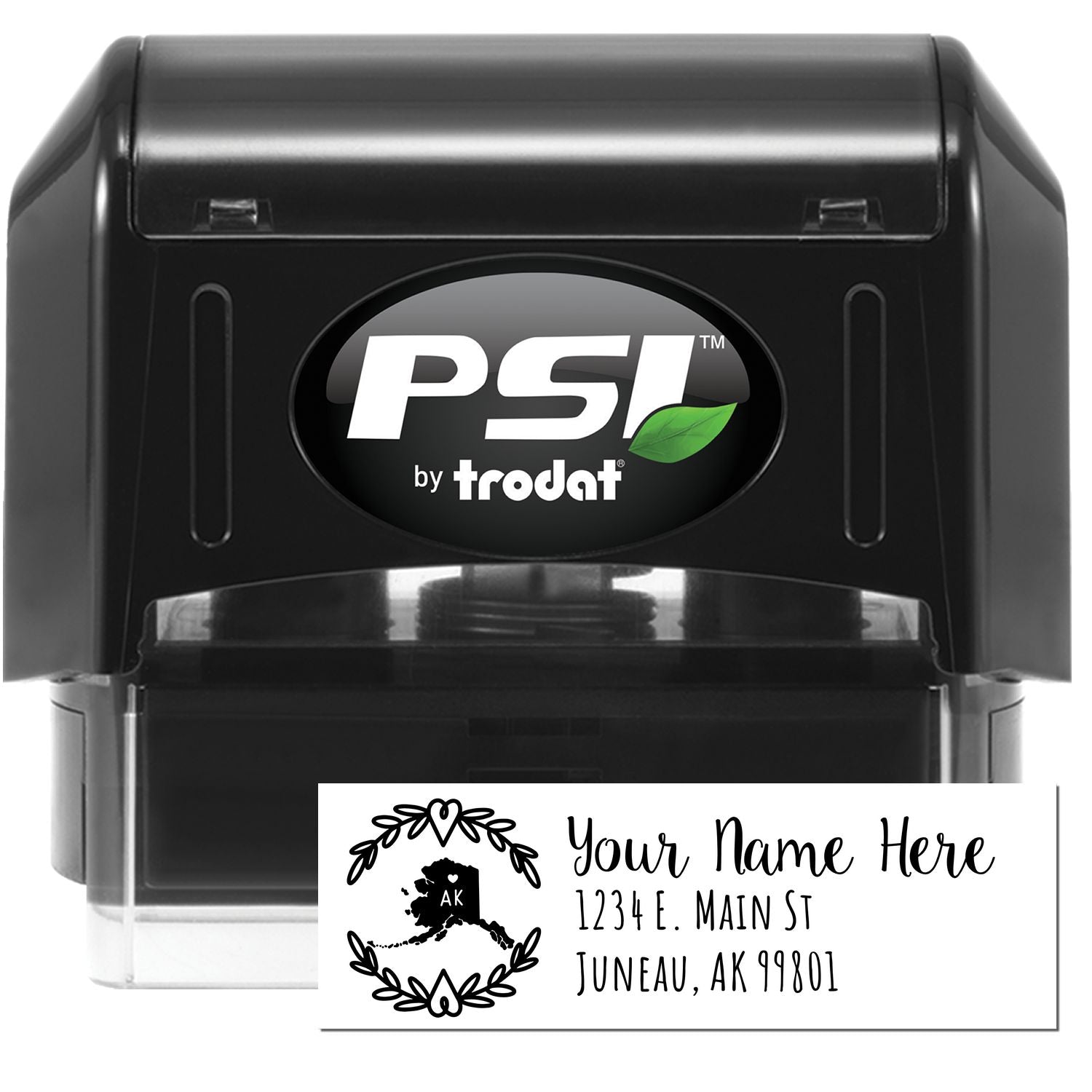 PSI Pre-Inked Alaska State Customized Address Stamp, featuring a sleek black design with personalized address option, ideal for efficient and stylish mail labeling.