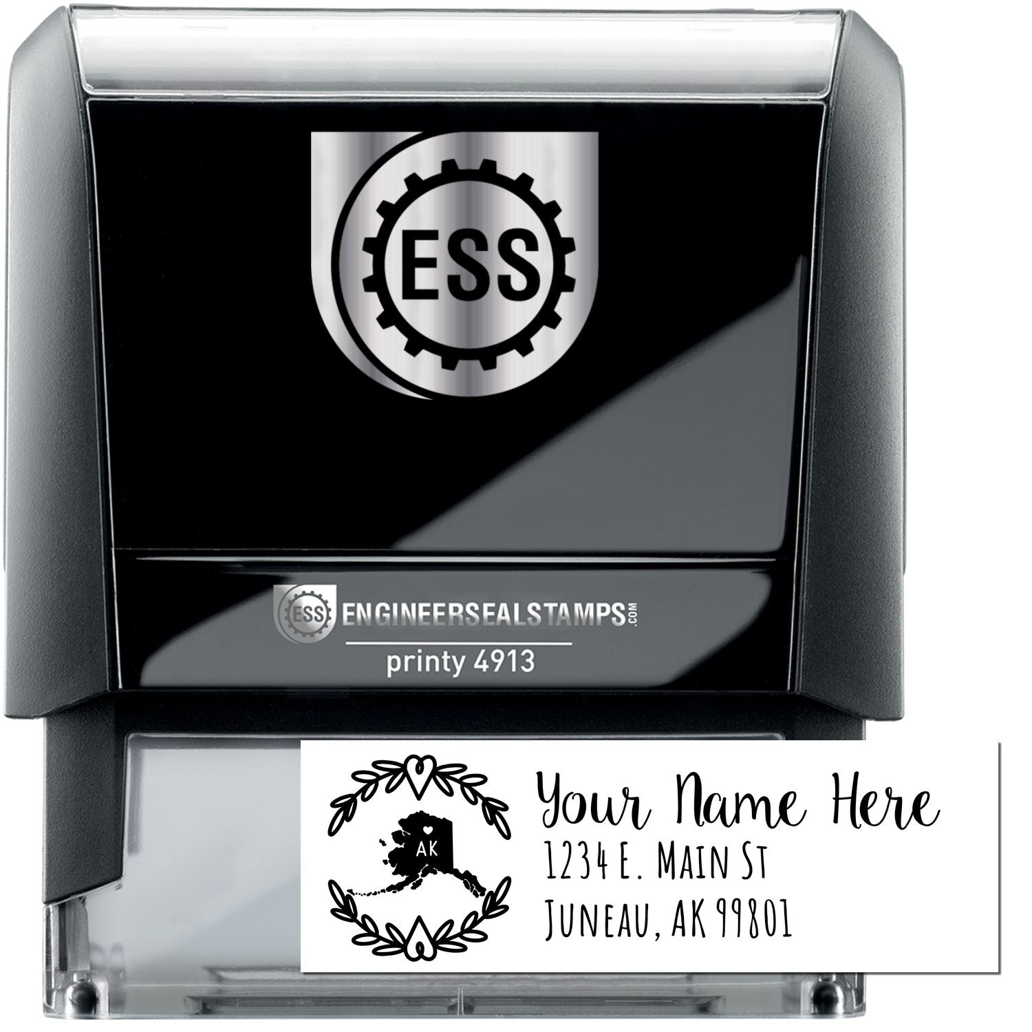 Self-Inking State Wreath of Alaska Address Stamp with a black casing, featuring a customizable address area and a decorative Alaska state wreath design. Perfect for personalizing mail with ease.