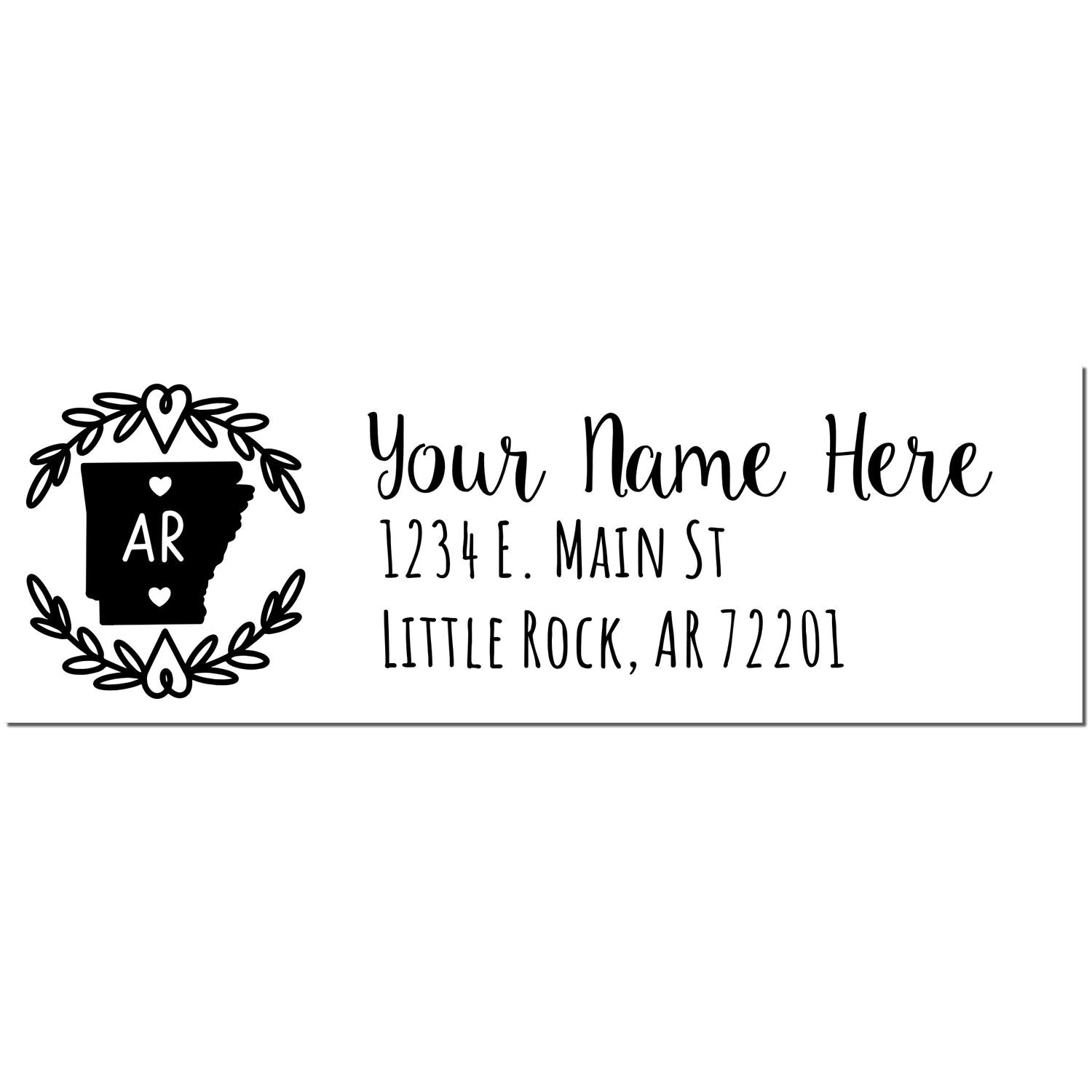 Arkansas State Custom Return Address Stamp featuring a heart-accented state outline and personalized address text in a stylish font. Perfect for adding a personal touch to your mail.