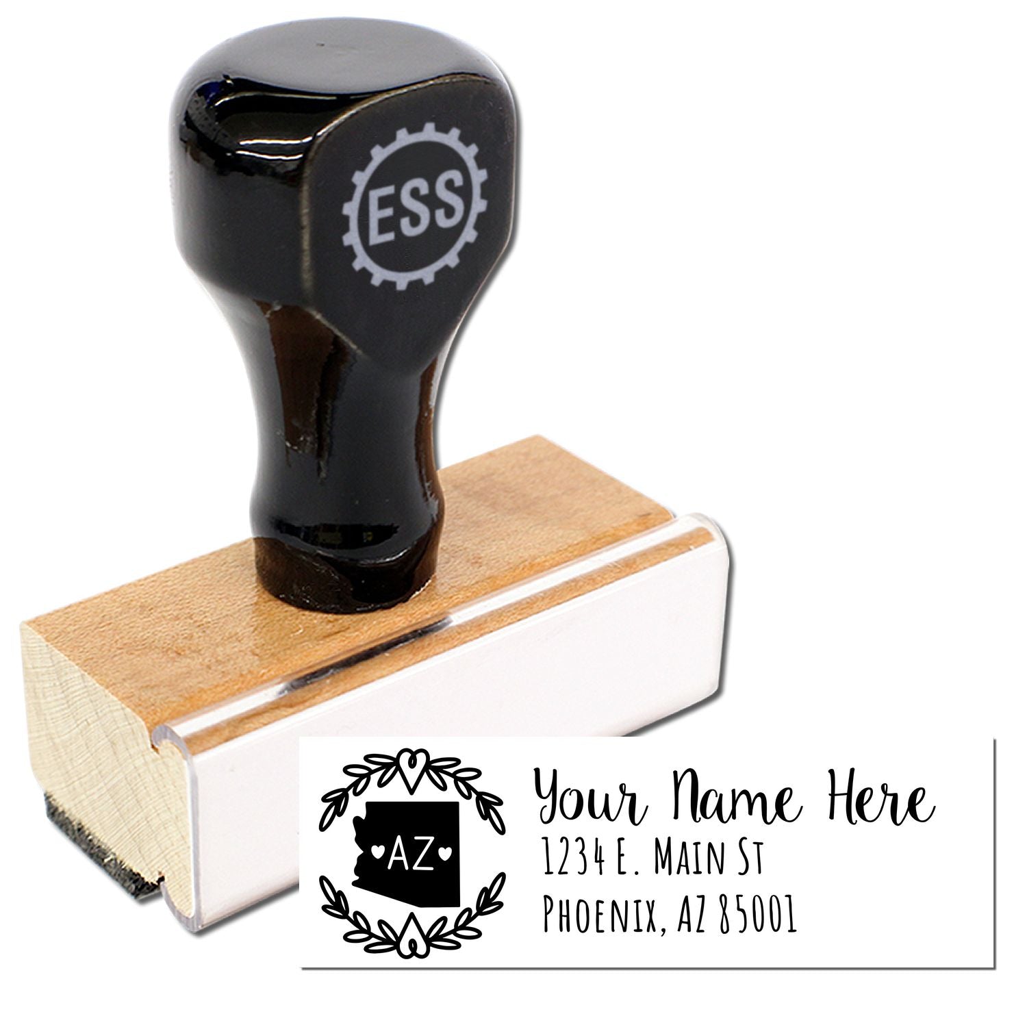 Image of the Arizona State Custom Return Address Stamp with a wooden base and black handle, featuring a sample address design with decorative state outline and floral accents.