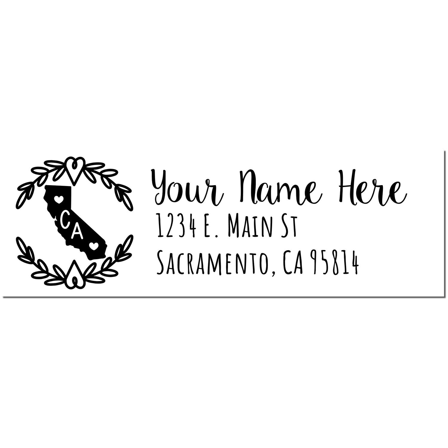 California State Custom Return Address Stamp featuring a heart-accented California outline and space for personalized address details in elegant script.