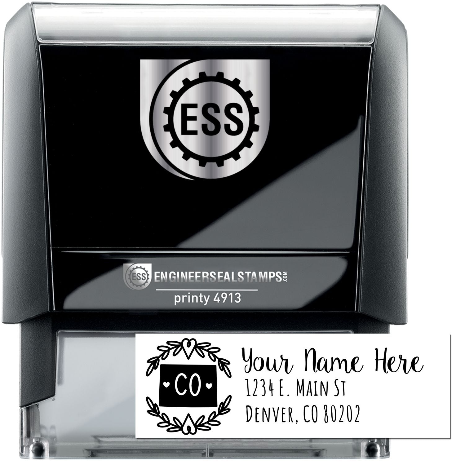 Self-Inking State Wreath of Colorado Address Stamp with a black casing, featuring a customizable address area with a decorative wreath design and CO in the center.