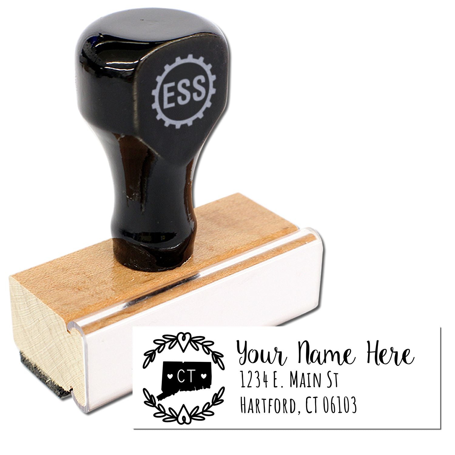 Connecticut State Custom Return Address Stamp with a wooden handle and personalized address design, featuring a heart and state outline. Perfect for adding a personal touch to mail.