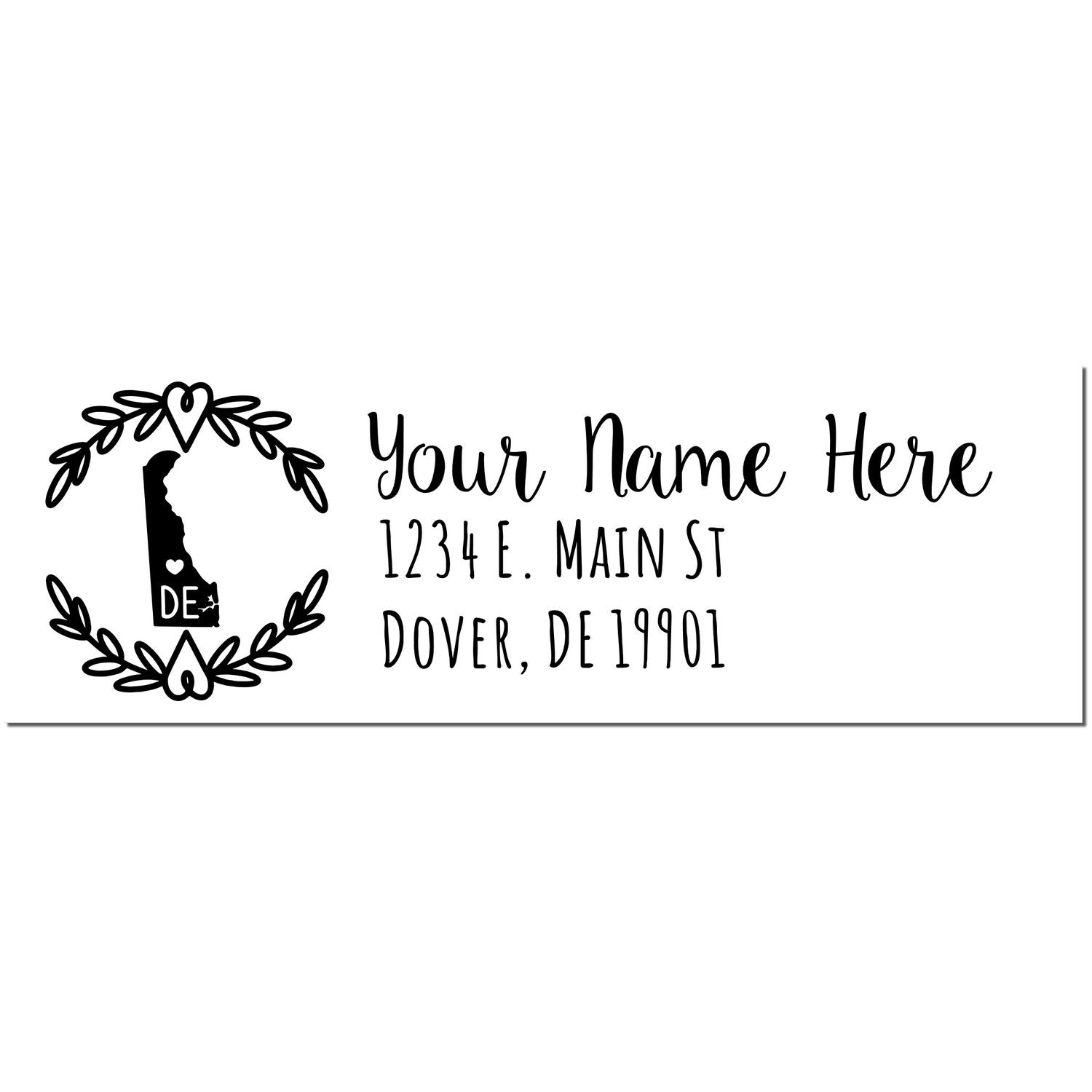 PSI Pre-Inked Delaware State Customized Address Stamp with a decorative Delaware outline and heart accents, featuring customizable text for name and address in a stylish font.