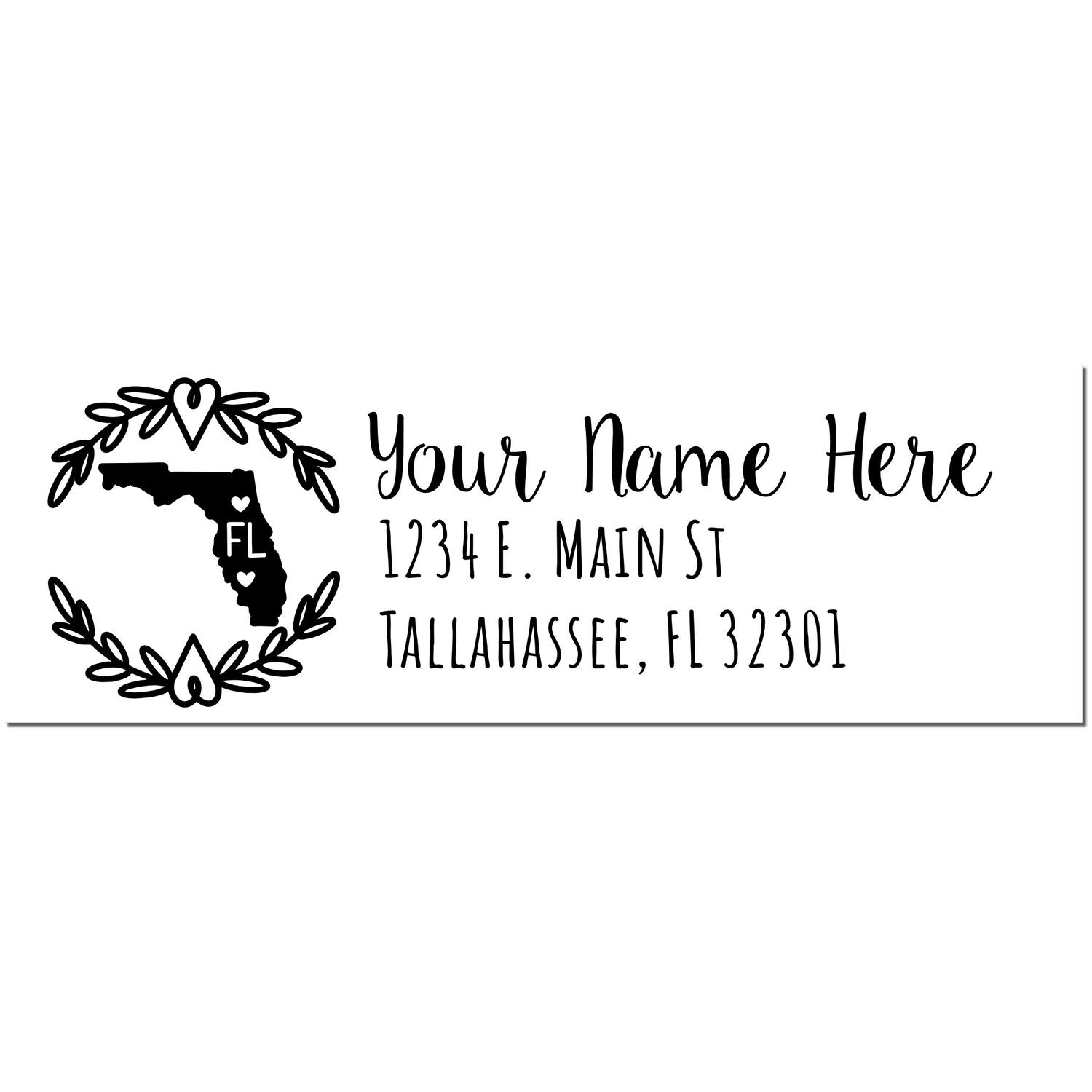 Florida State Custom Return Address Stamp featuring a map outline with FL and heart accents. Personalize with your name and address in a stylish font. Perfect for adding a personal touch to mail.