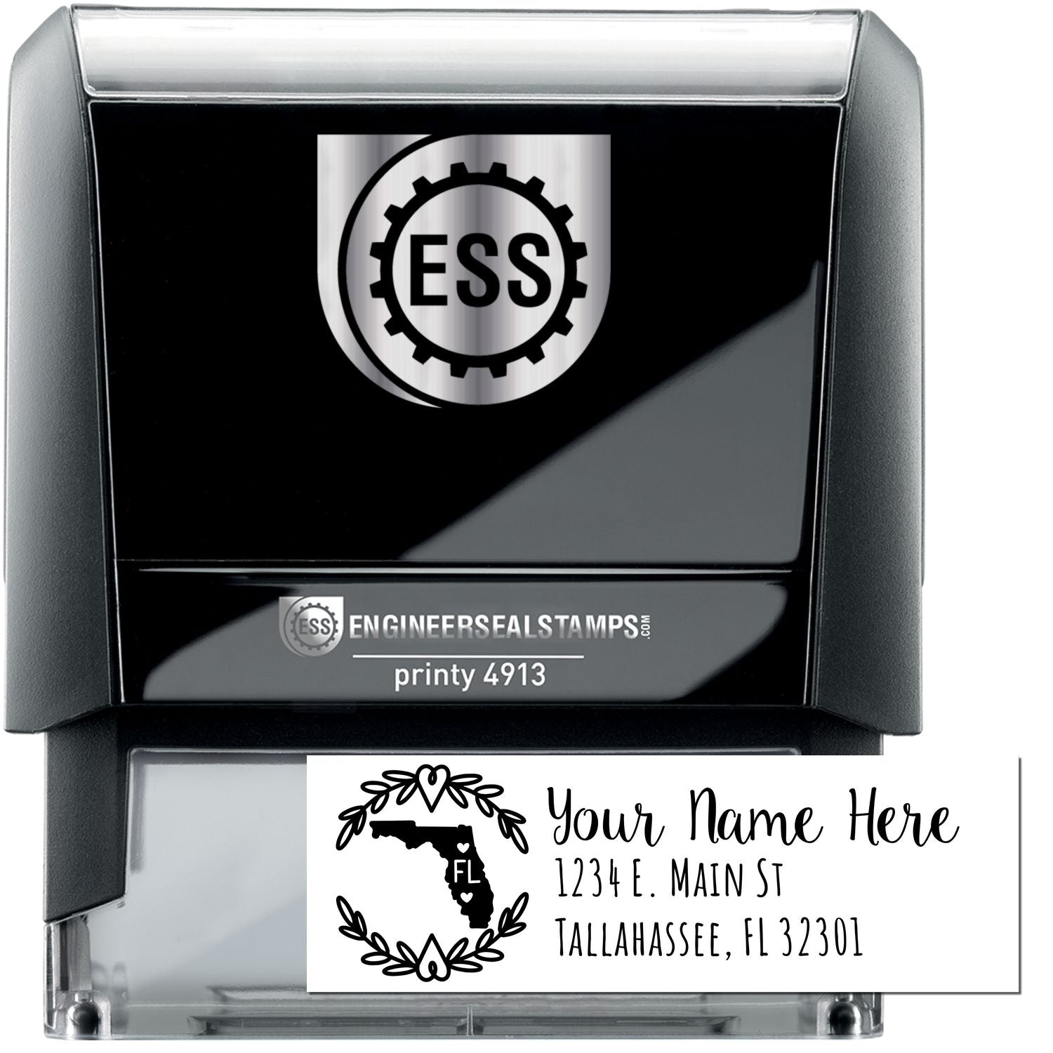 Self-Inking State Wreath of Florida Address Stamp with a black casing, featuring a customizable address area and a Florida state wreath design. Perfect for personalizing mail with ease.