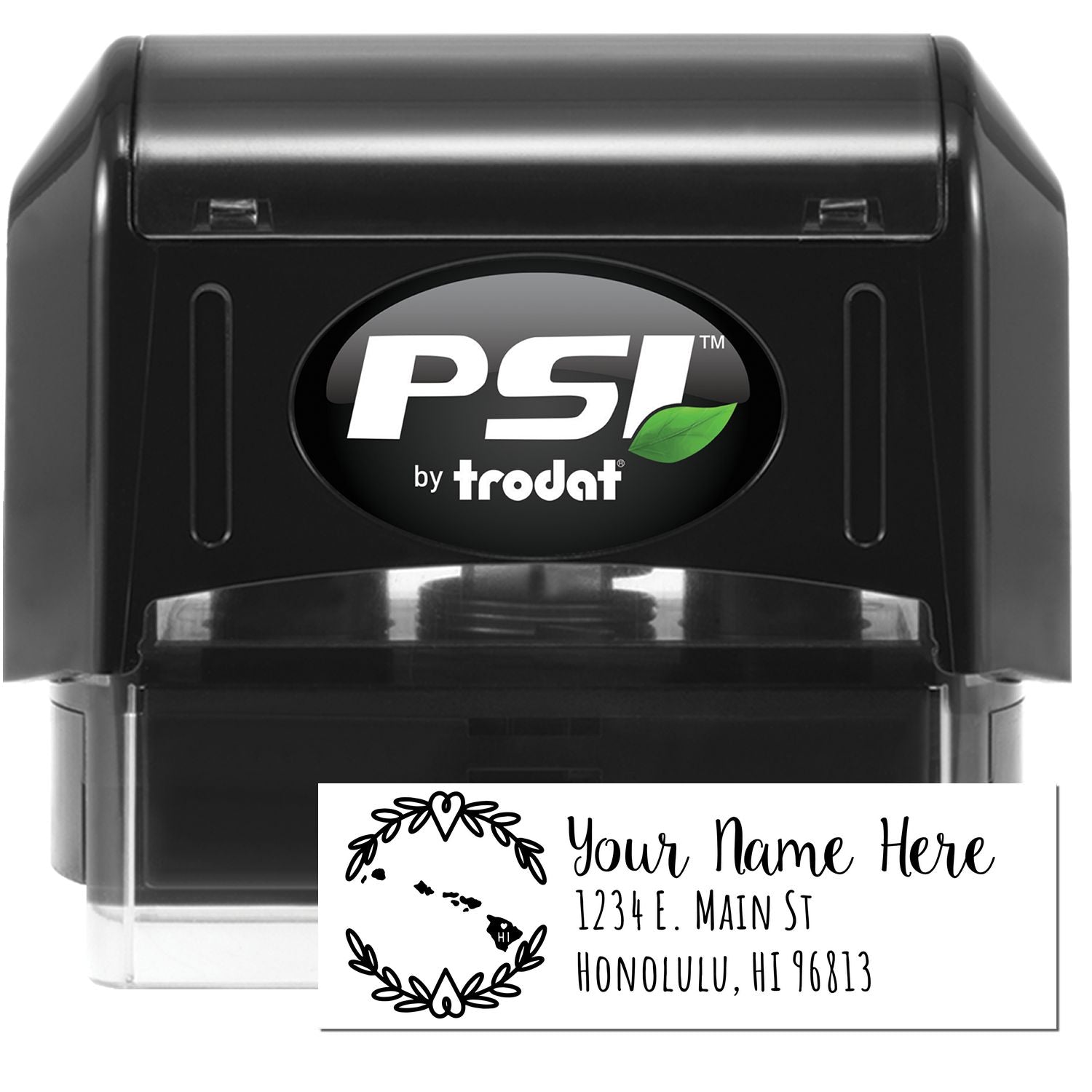 PSI Pre-Inked Hawaii State Customized Address Stamp, featuring a black casing and a sample imprint with floral design and Hawaii map, perfect for personalizing mail with a Honolulu address.