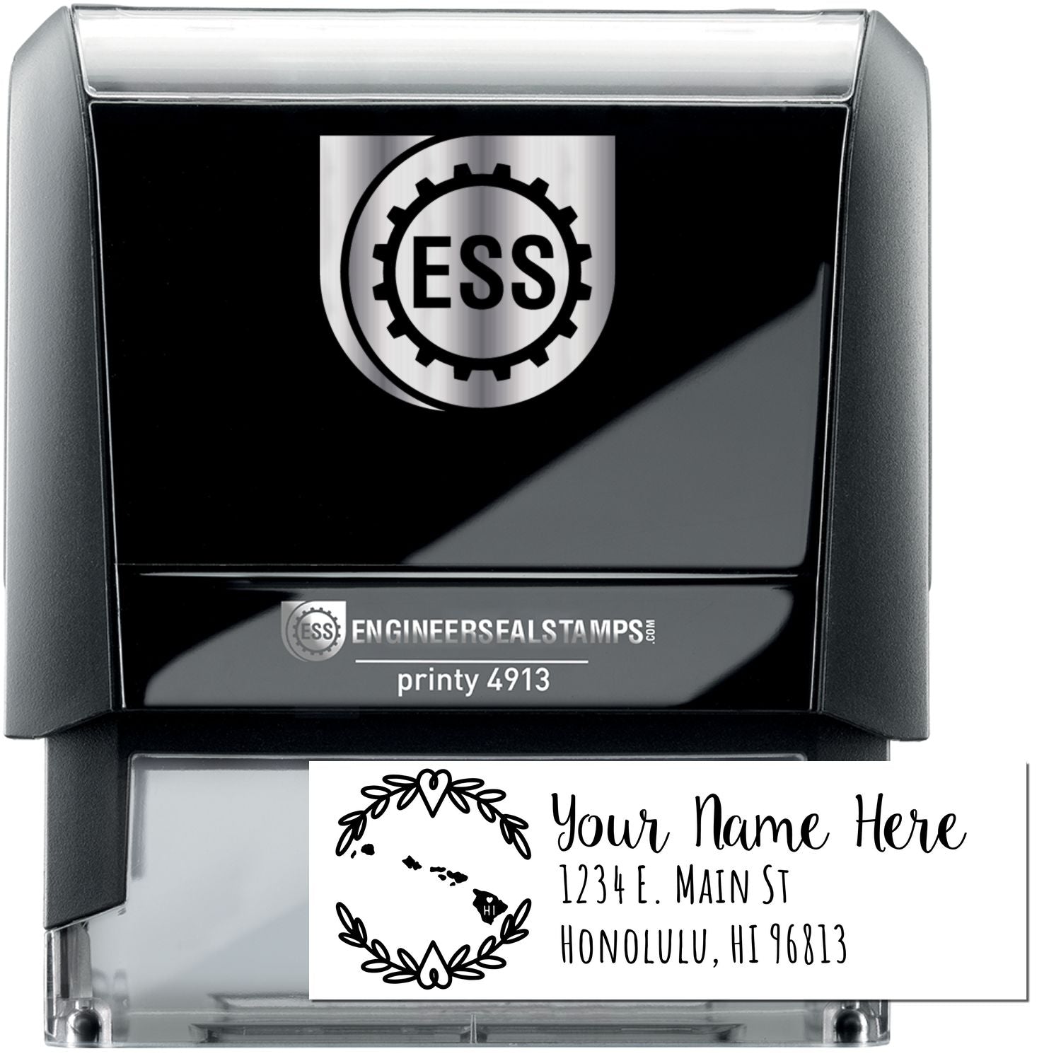 Self-Inking State Wreath of Hawaii Address Stamp with a black casing, featuring a floral wreath design and customizable address text. Ideal for personalizing mail with a Hawaiian touch.