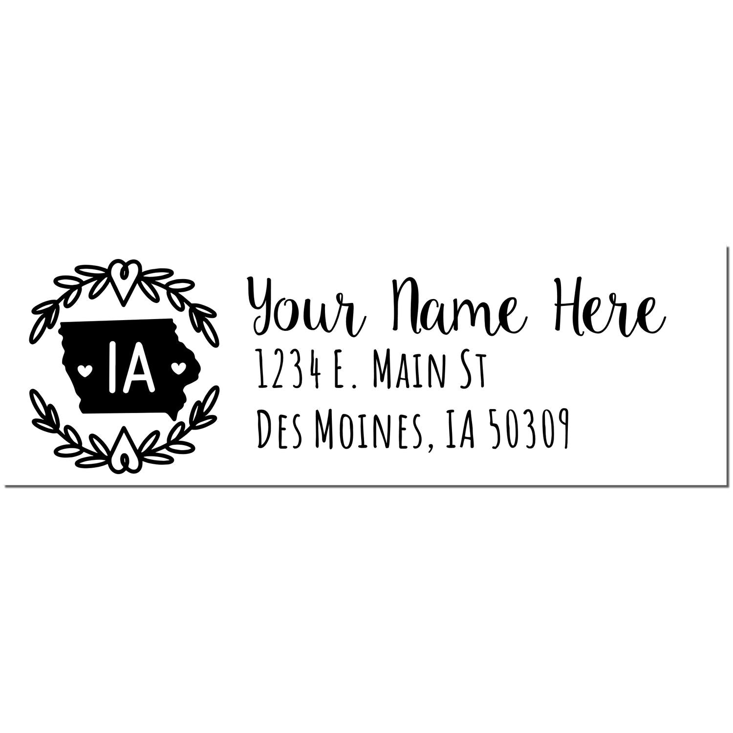 Iowa State Custom Return Address Stamp with a heart-accented Iowa outline, personalized text area for name and address, featuring elegant script font. Perfect for adding a personal touch to mail.