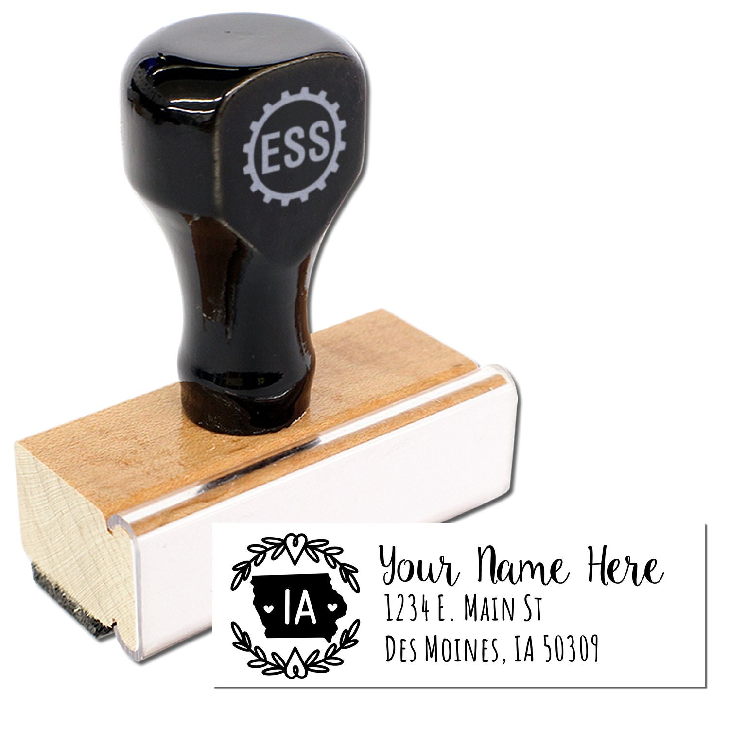 Iowa State Custom Return Address Stamp with wooden handle and personalized design, featuring 'IA' emblem and sample address: 1234 E. Main St, Des Moines, IA 50309.