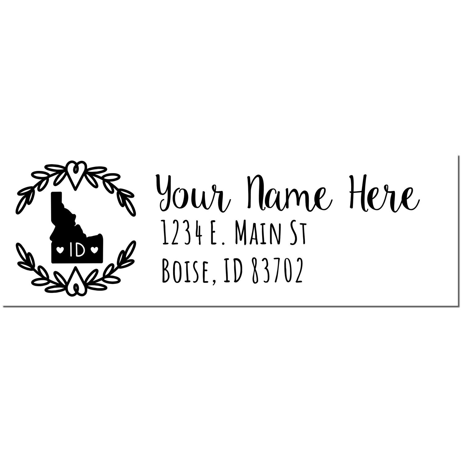 PSI Pre-Inked Idaho State Customized Address Stamp featuring a heart and Idaho outline design, personalized with Your Name Here, address, and zip code in a stylish font.