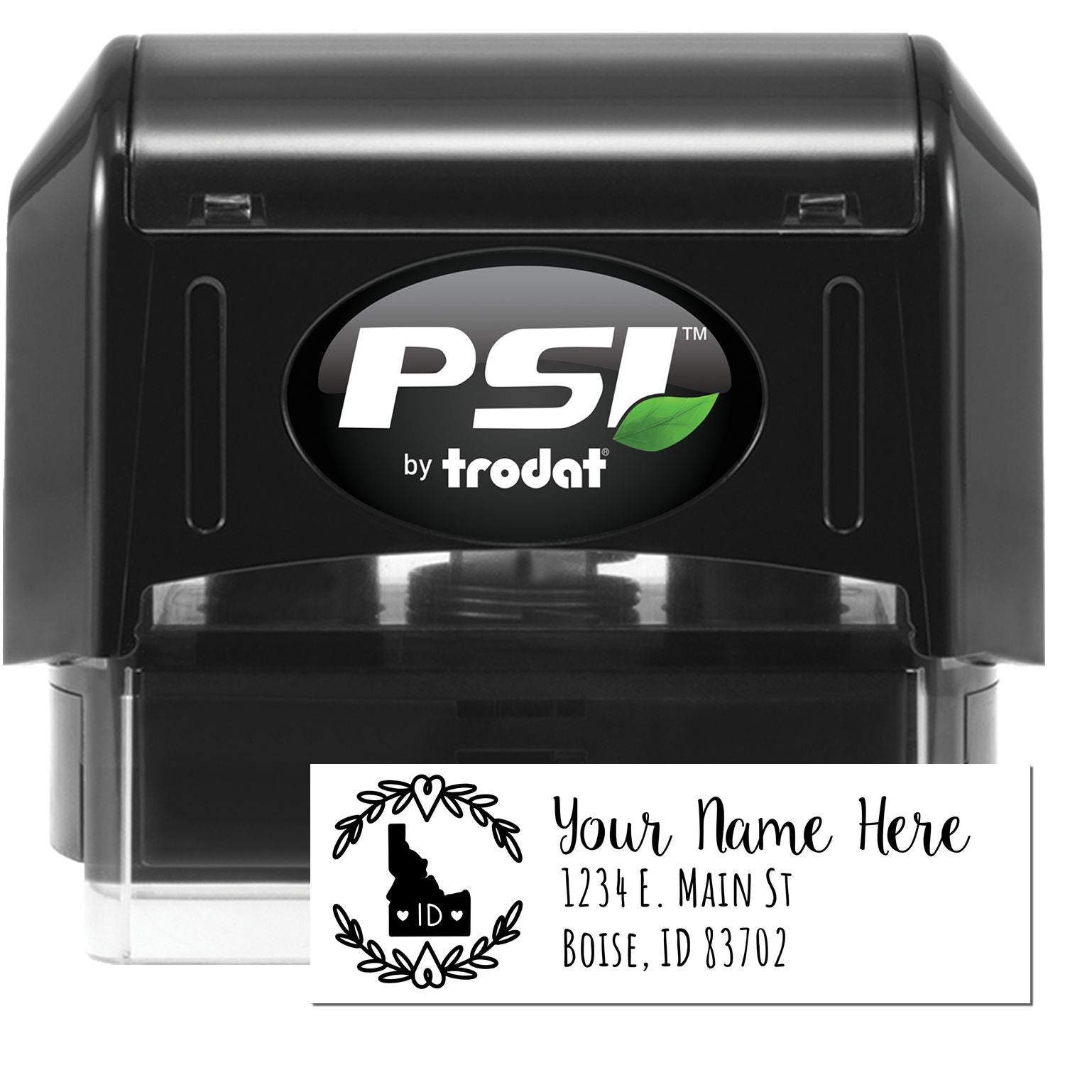 PSI Pre-Inked Idaho State Customized Address Stamp, featuring a black casing and a sample address with decorative Idaho state outline, ideal for personalized mailings.