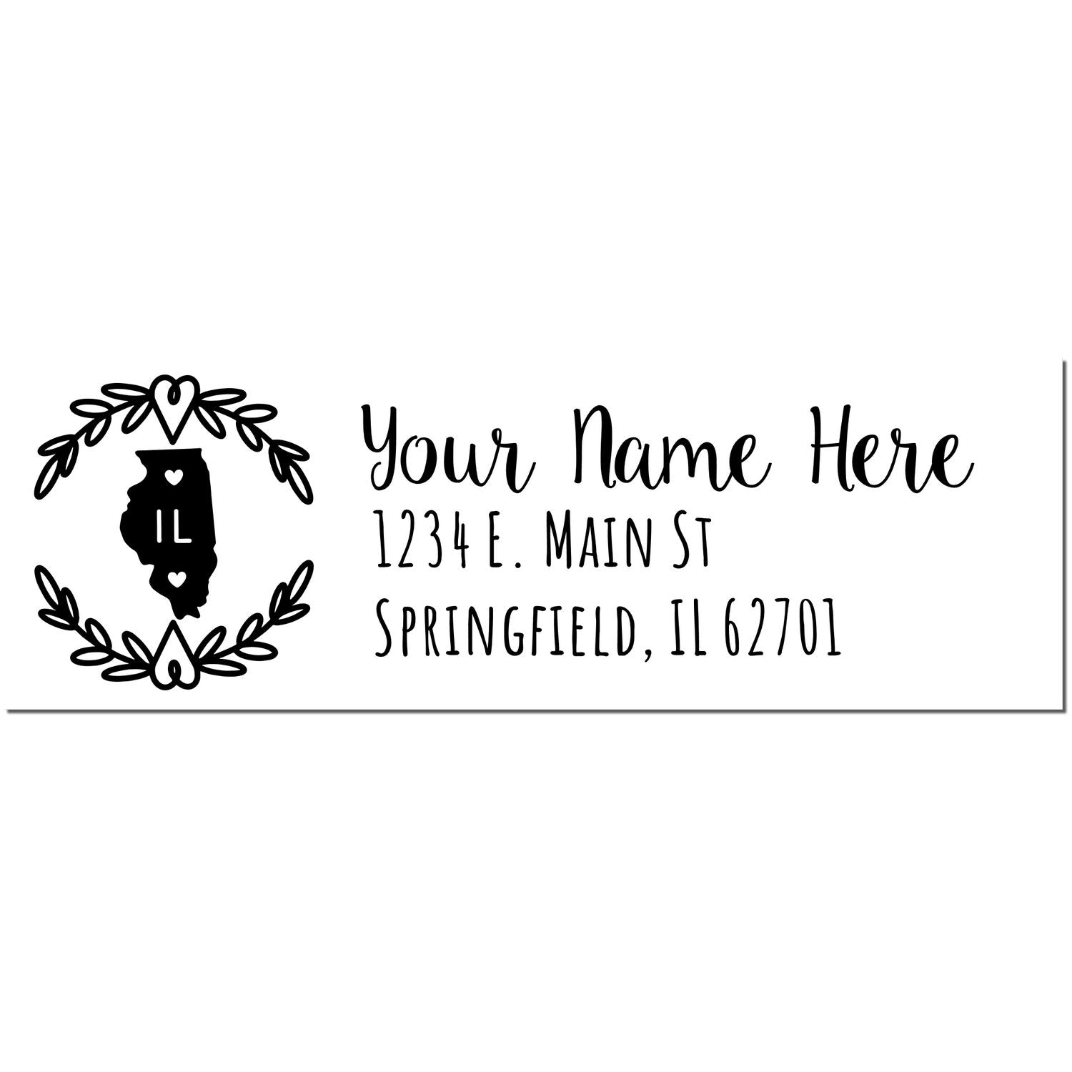 Illinois State Custom Return Address Stamp featuring a black silhouette of Illinois with IL inside, surrounded by a heart and leaf design. Personalized text area for name and address.