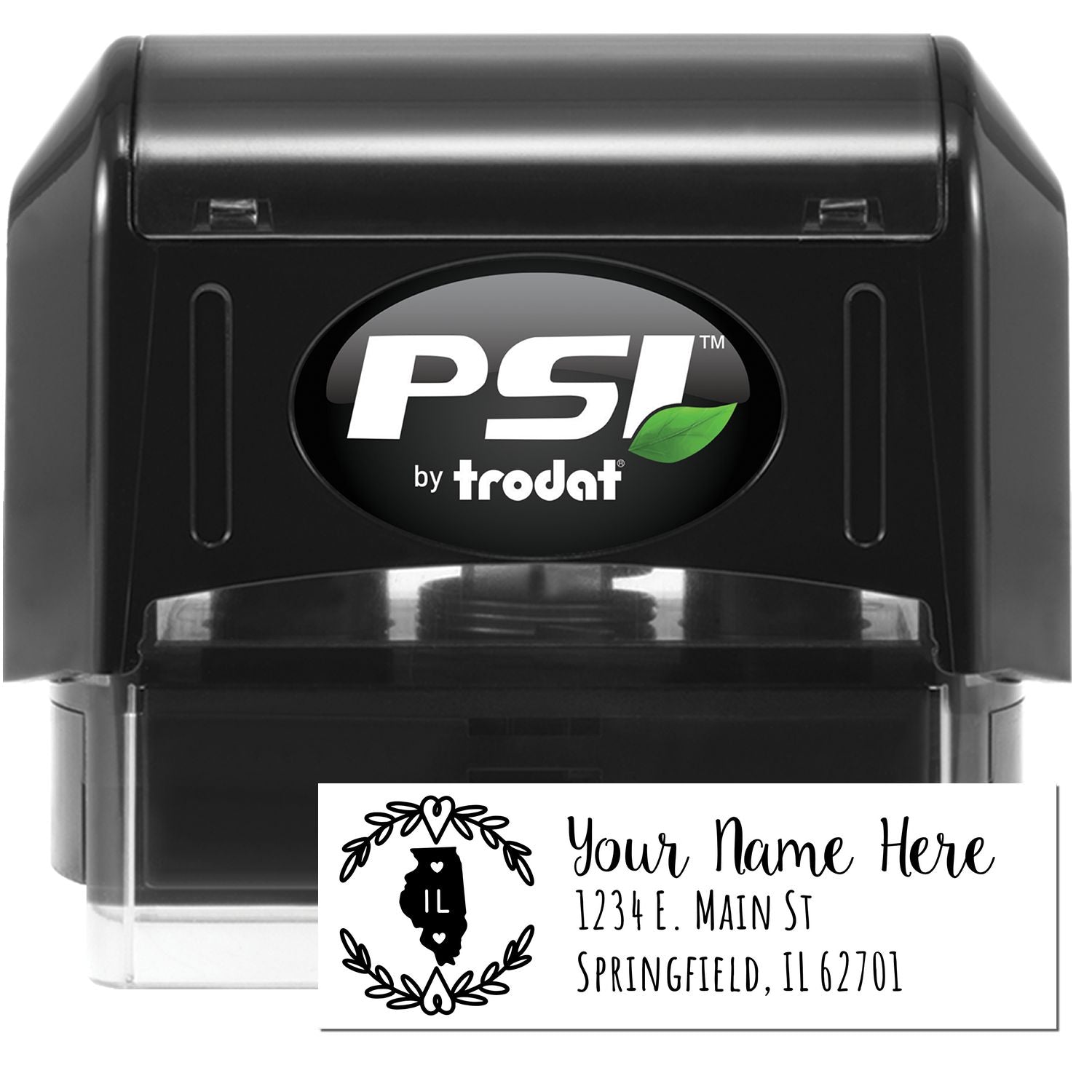 PSI Pre-Inked Illinois State Customized Address Stamp, featuring a sleek black design with a sample address and state outline, ideal for personalized stamping needs.