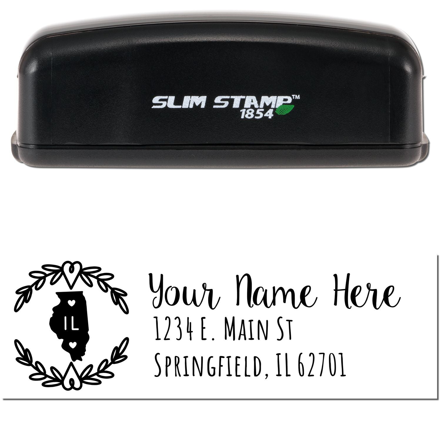 Image of a Slim Illinois Personalized Pre-Inked Address Stamp with a black casing. Below, a sample address is displayed in elegant script with an Illinois state outline and decorative elements.