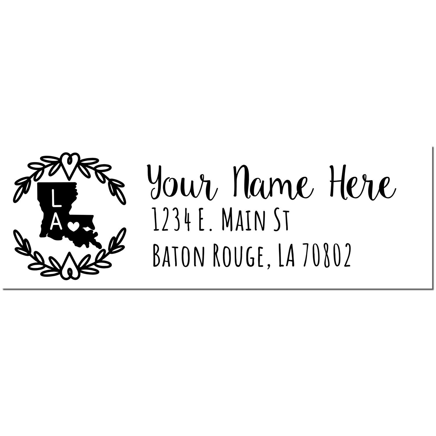 Slim Louisiana Personalized Pre-Inked Address Stamp featuring a decorative state outline with LA initials, surrounded by a heart motif. Customizable text area for name and address details.