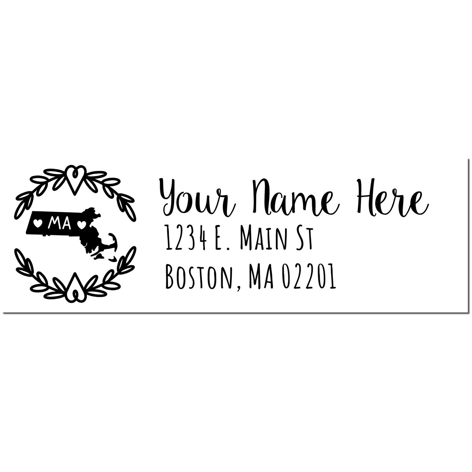 PSI Pre-Inked Massachusetts State Customized Address Stamp featuring a heart design, state outline, and space for personalized name and address. Perfect for adding a personal touch to mail.