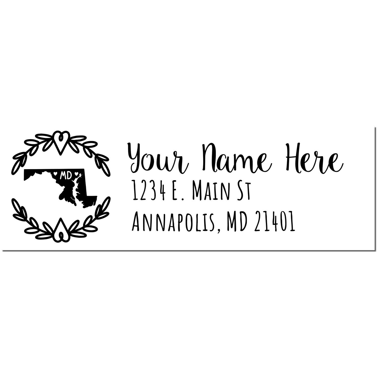 Maryland State Custom Return Address Stamp featuring a decorative outline of Maryland with heart accents. Personalize with your name and address in a stylish font. Perfect for adding a personal touch.