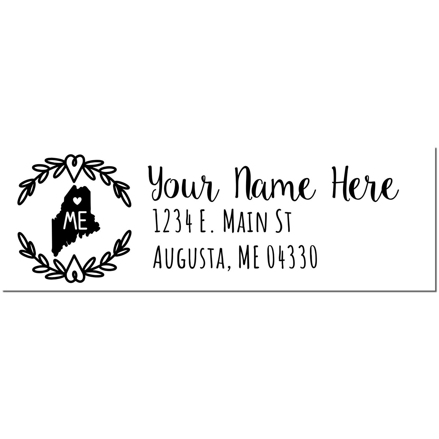 PSI Pre-Inked Maine State Customized Address Stamp featuring a heart design with ME inside, personalized with name and address in black ink. Perfect for adding a personal touch to mail.