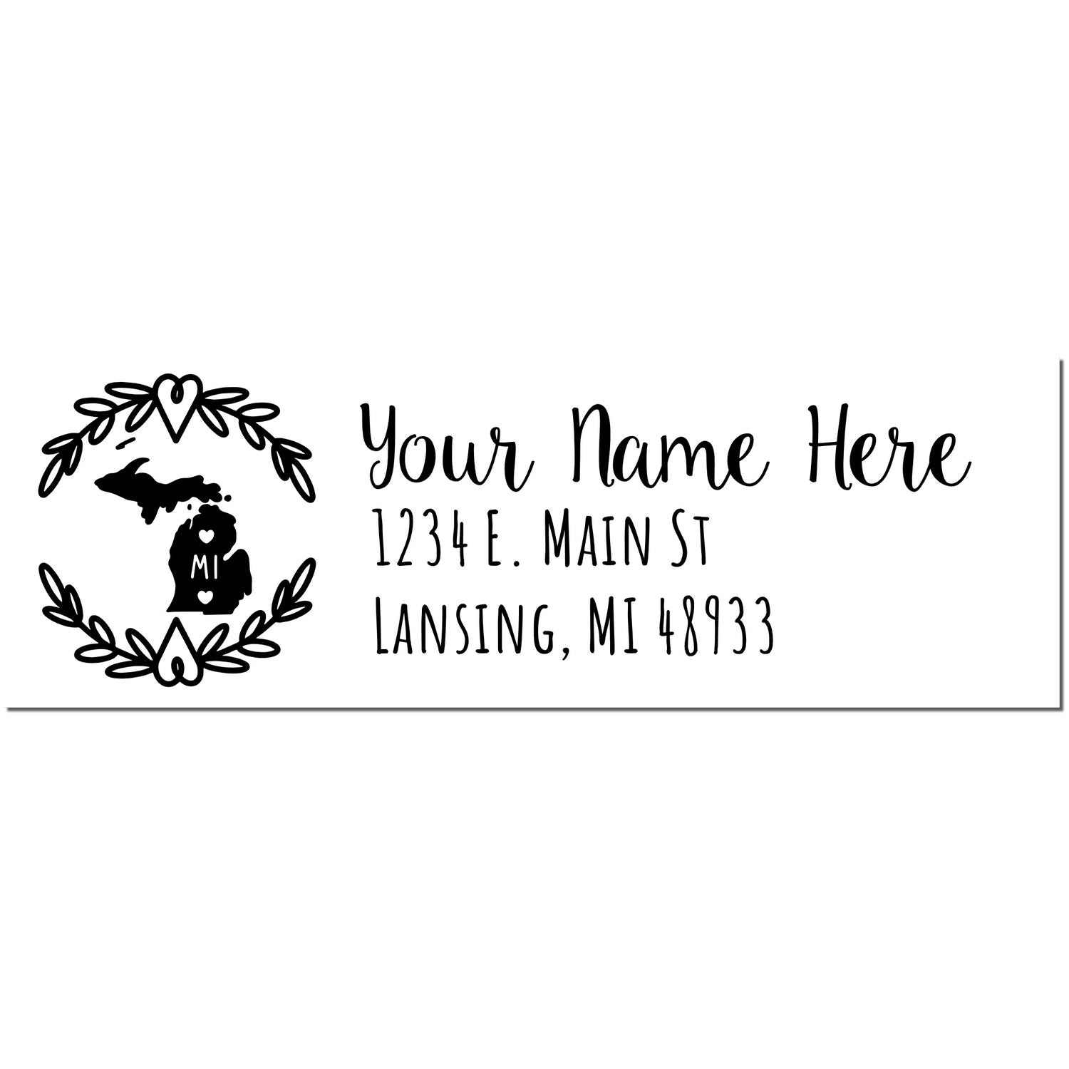 Michigan State Custom Return Address Stamp featuring a heart design with Michigan map, personalized name, and address in elegant font. Ideal for adding a personal touch to mail.