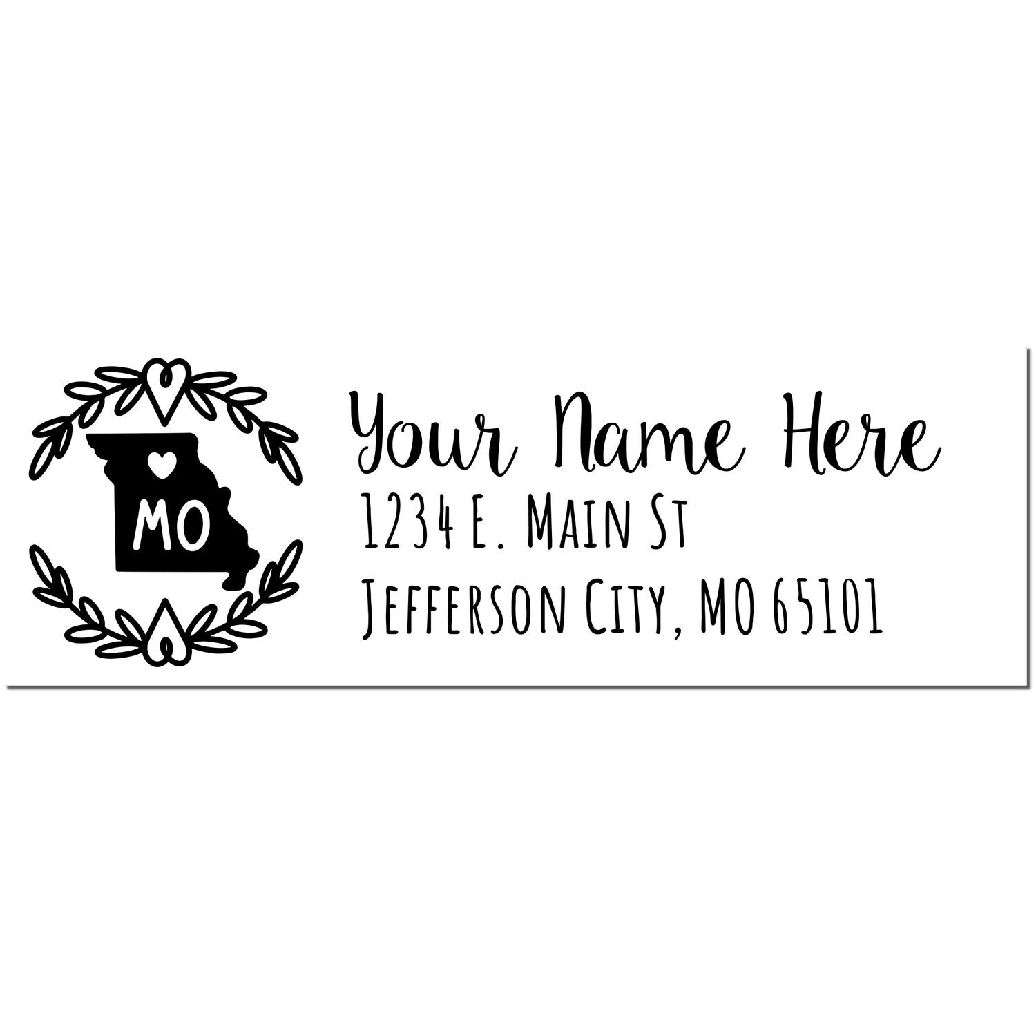 Image of a Missouri State Custom Return Address Stamp featuring a heart design with MO inside, surrounded by a wreath. Includes customizable text for name and address in a stylish font.