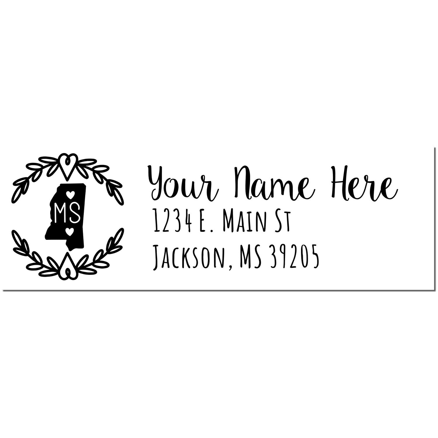 Mississippi State Custom Return Address Stamp featuring a heart-accented state outline and laurel design, with customizable name and address fields in elegant script.