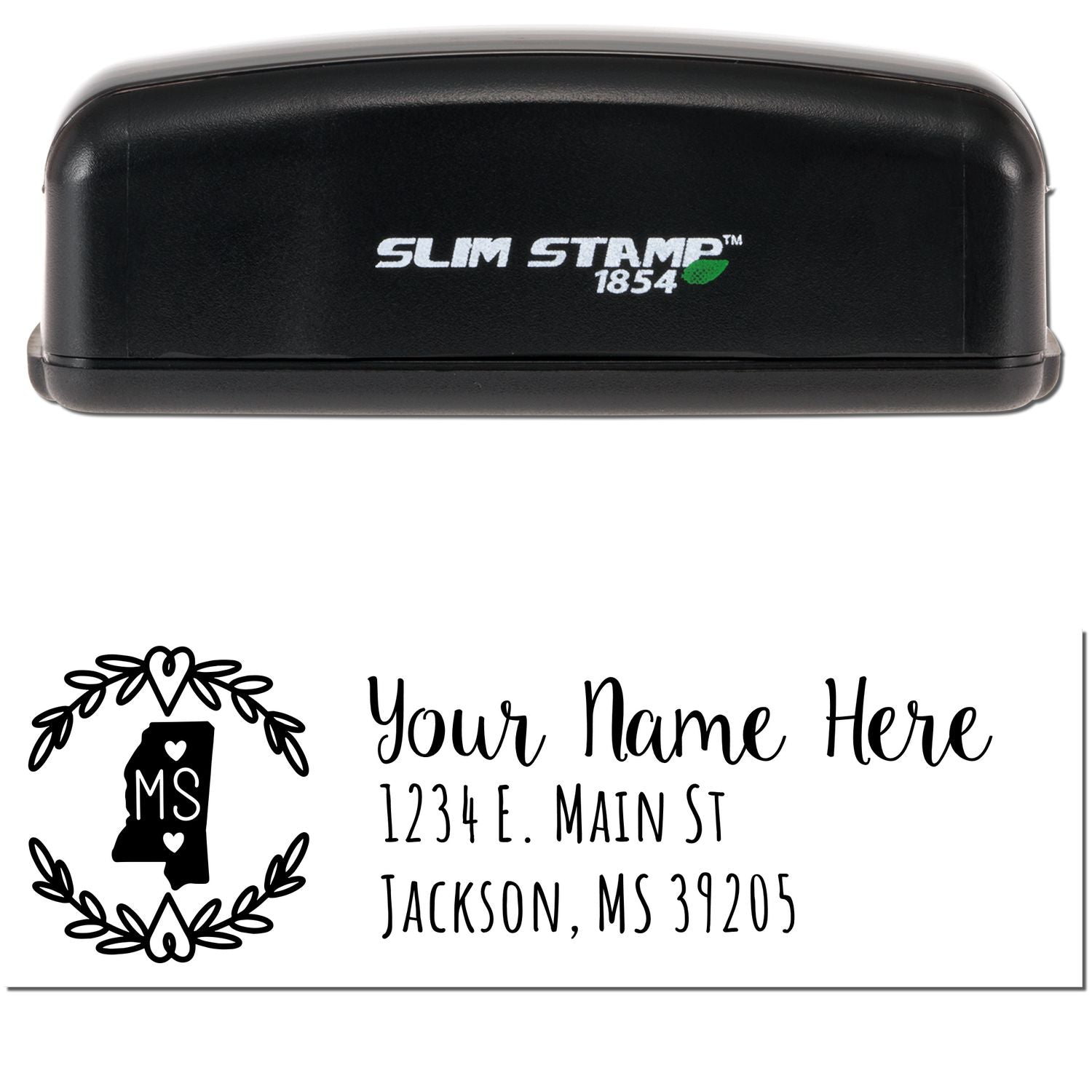 Slim Mississippi Personalized Pre-Inked Address Stamp with black casing, featuring a decorative state outline and customizable address text below. Perfect for adding a personal touch to mail.