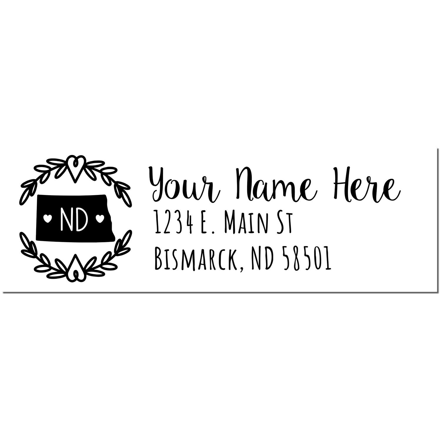 PSI Pre-Inked North Dakota State Customized Address Stamp featuring a heart-accented ND state outline, personalized name, and address in black ink. Perfect for adding a personal touch to mail.