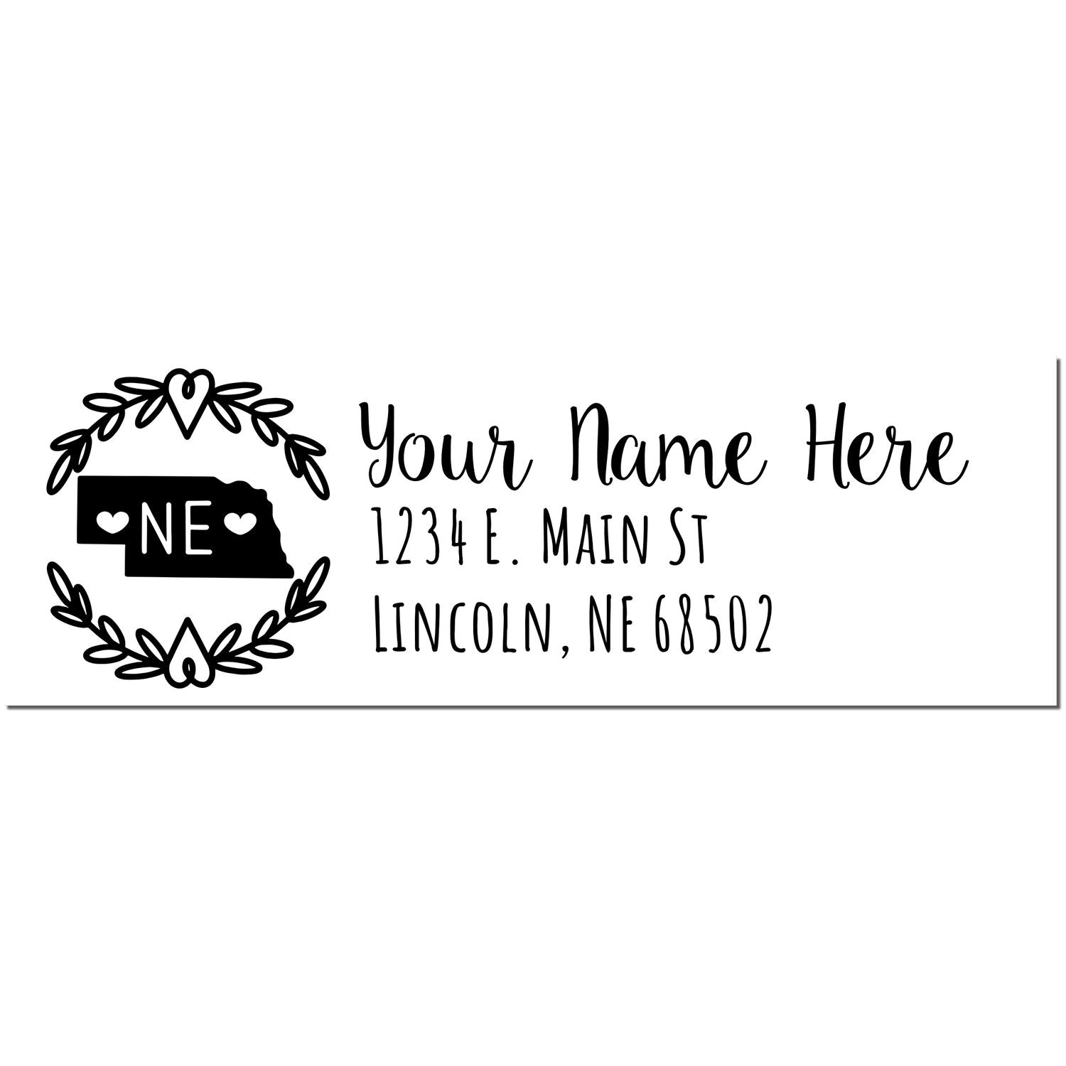 Slim Nebraska Personalized Pre-Inked Address Stamp featuring a state outline with hearts and laurel design, customizable with name and address in elegant black font.