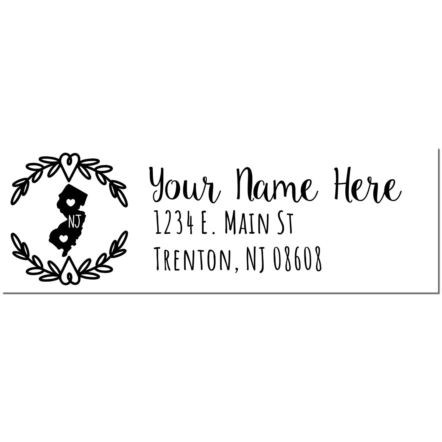 New Jersey State Custom Return Address Stamp featuring a decorative NJ state outline with hearts and laurel design. Personalize with your name and address in elegant script.