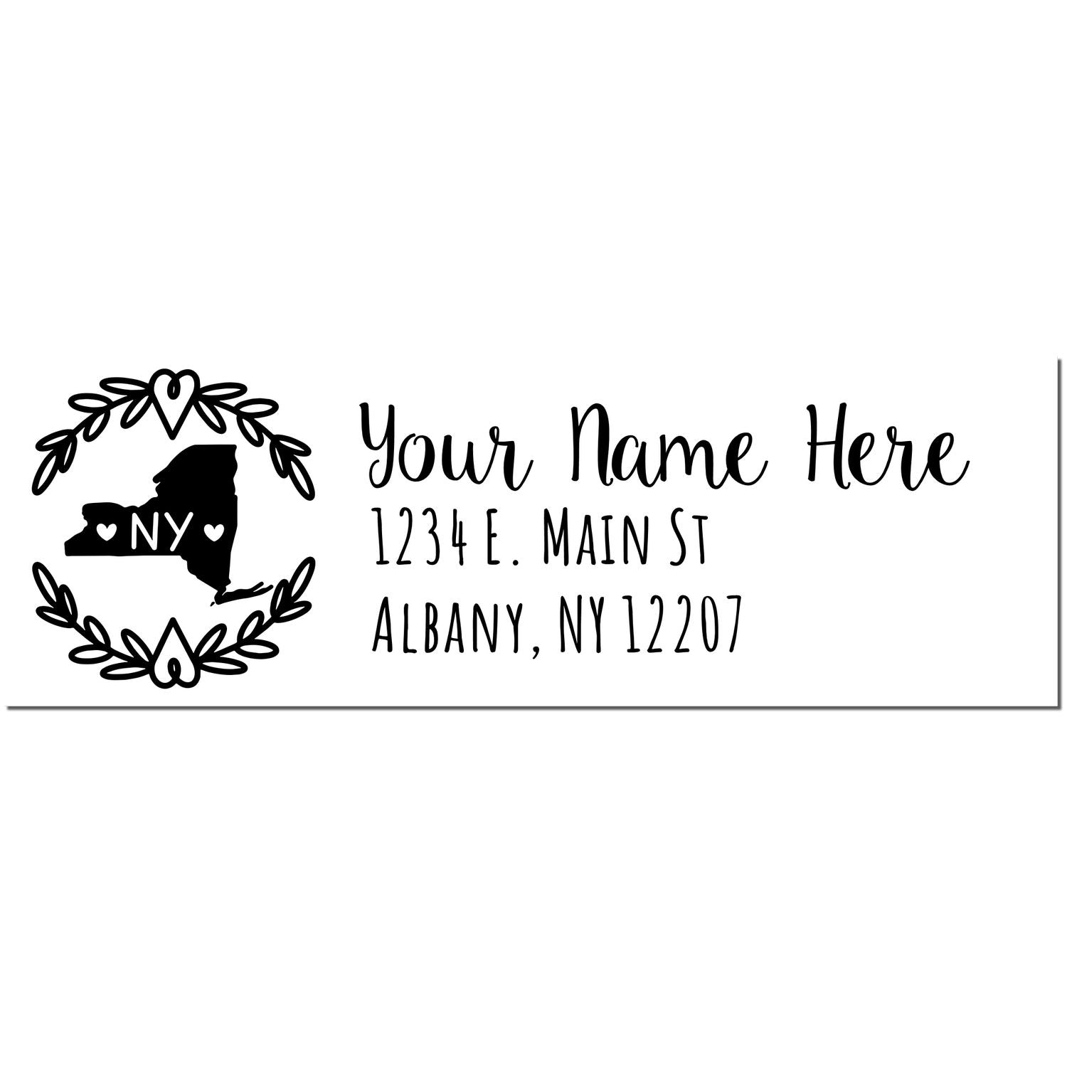 PSI Pre-Inked New York State Customized Address Stamp featuring a heart-accented NY state outline, personalized name, and address in elegant font. Perfect for adding a personal touch to mail.