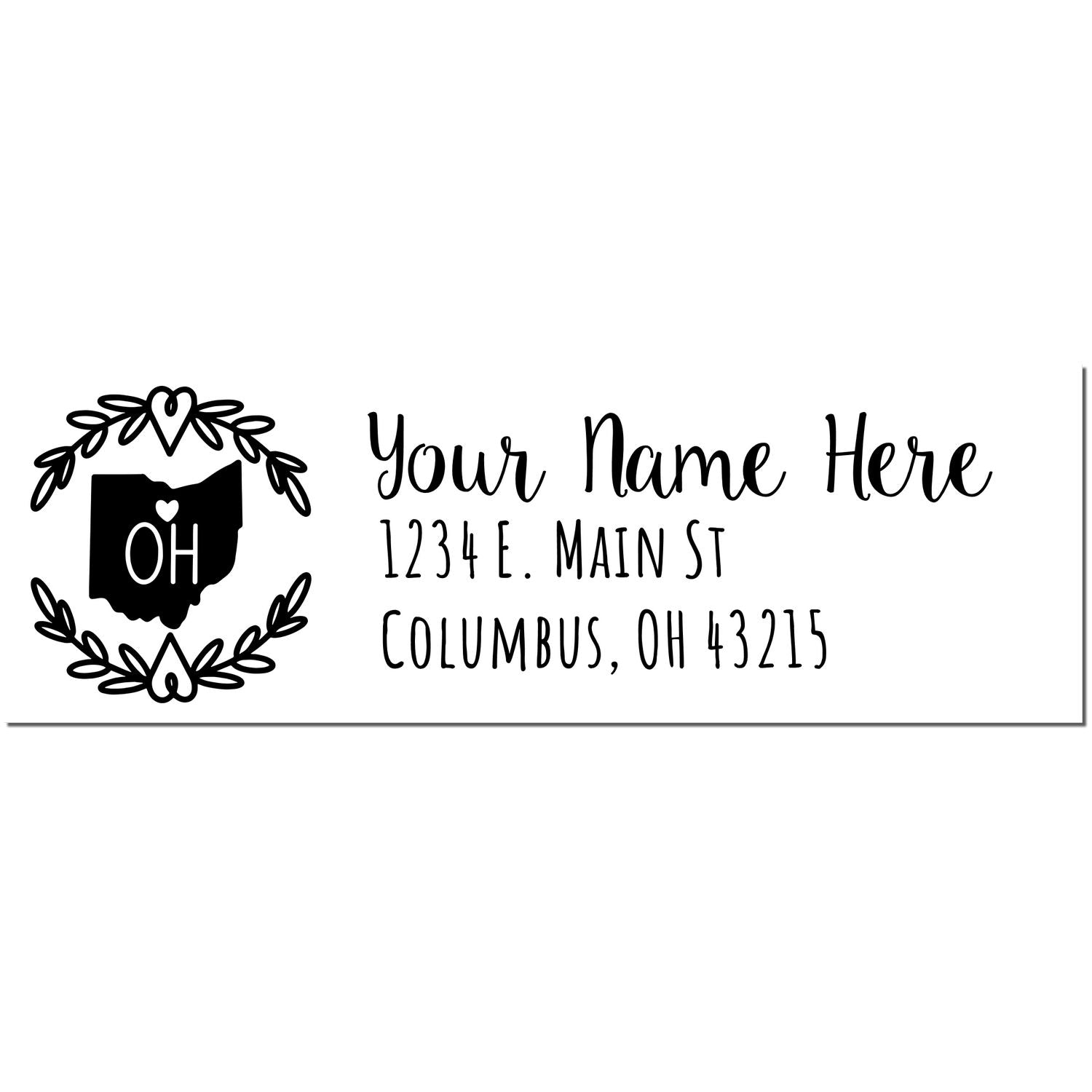 Ohio State Custom Return Address Stamp featuring a heart-accented Ohio outline with OH inside, alongside customizable text for name and address in a stylish font.