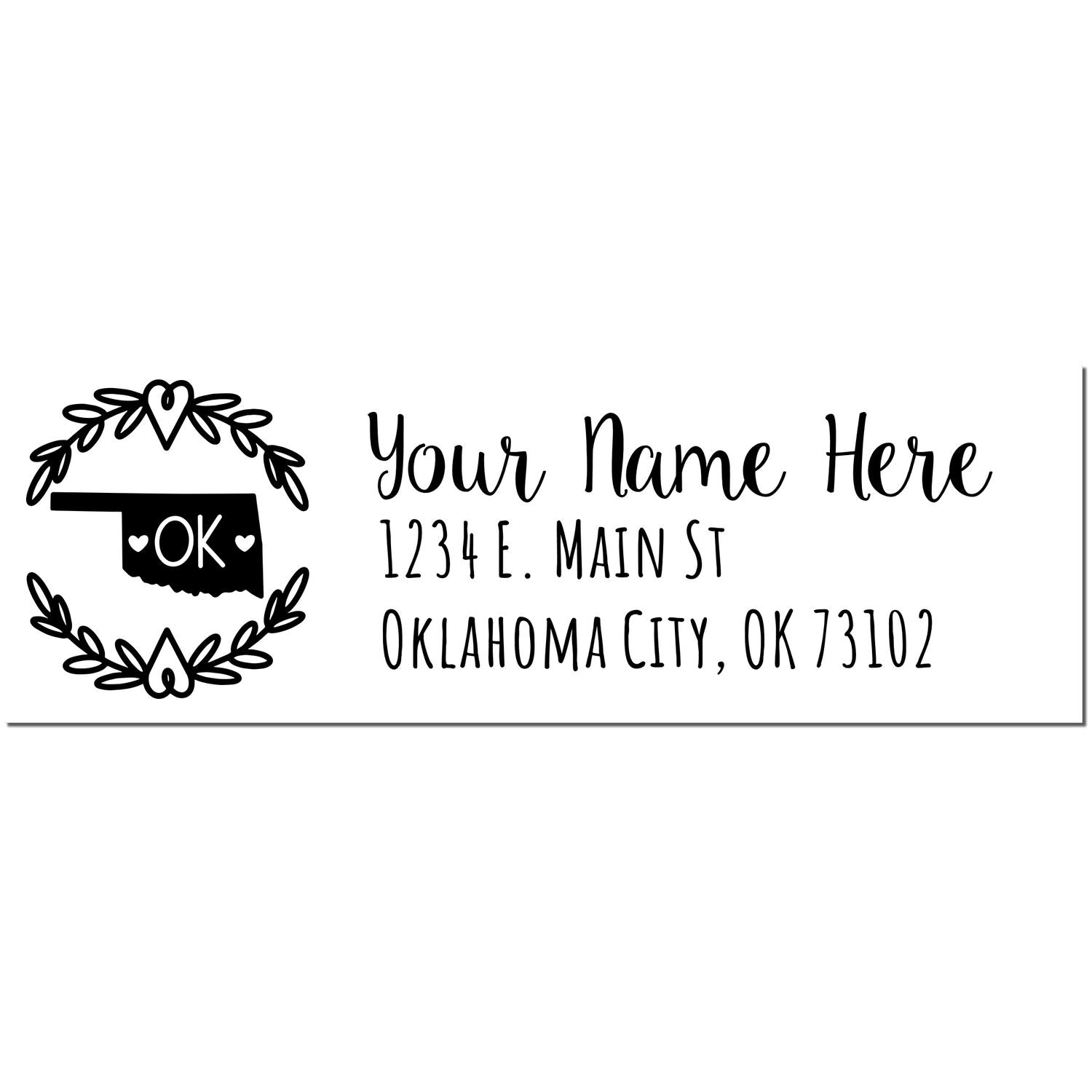 Oklahoma State Custom Return Address Stamp featuring a heart-accented state outline and laurel design. Personalize with your name and address in a stylish font. Perfect for adding a personal touch.