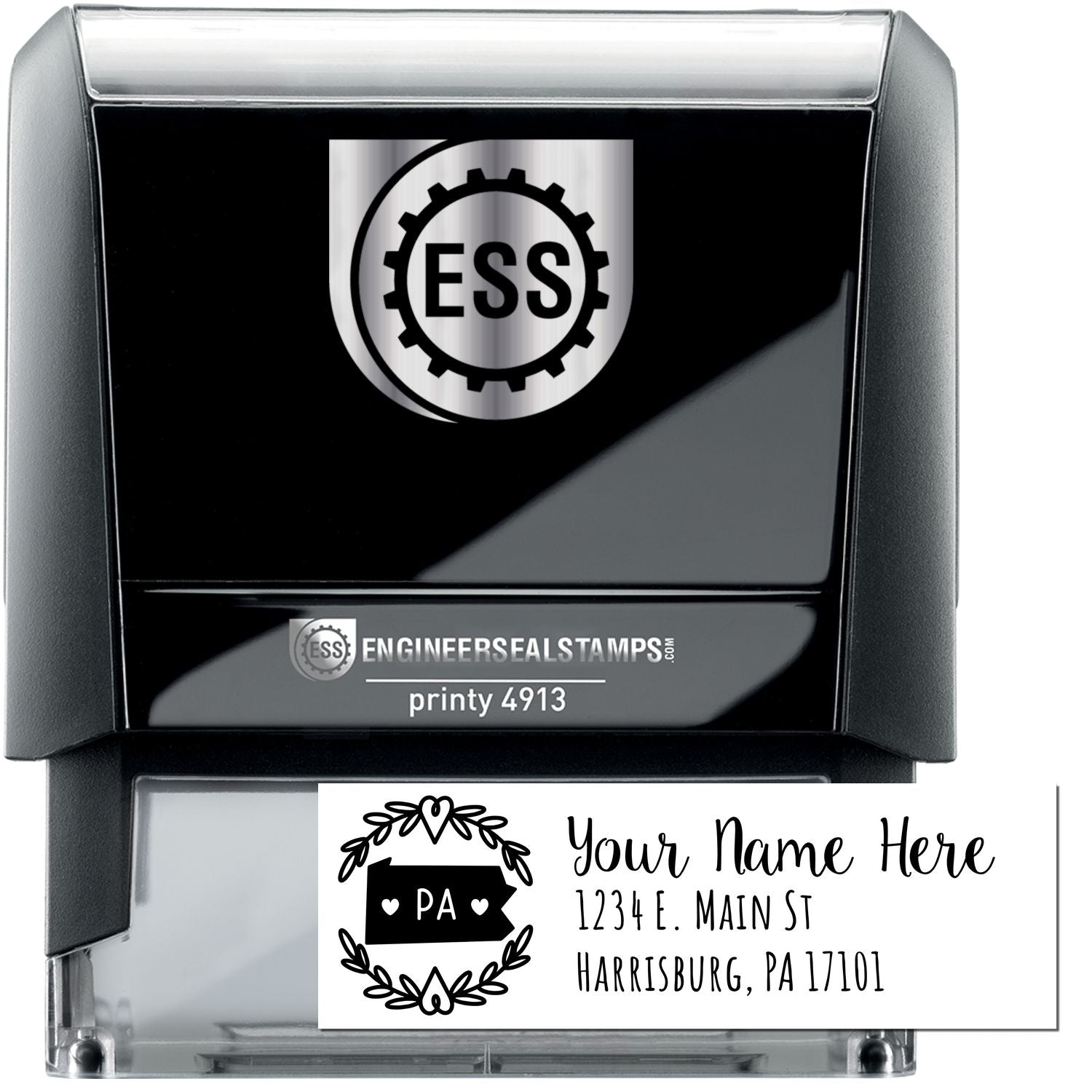 Self-Inking State Wreath of Pennsylvania Address Stamp with a black casing, featuring a customizable address area and a PA state wreath design. Ideal for personalizing mail with ease.