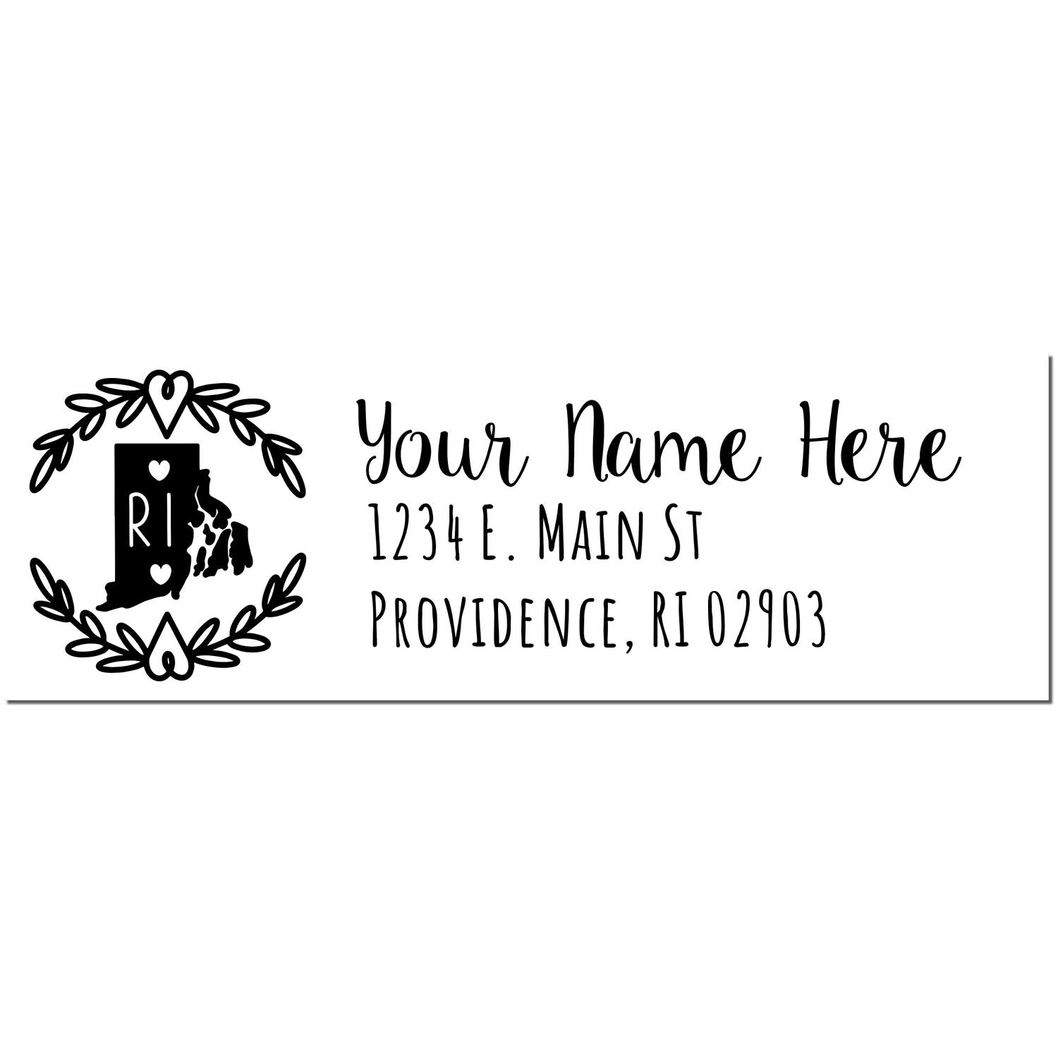 PSI Pre-Inked Rhode Island State Customized Address Stamp with decorative border, featuring space for name and address, and a Rhode Island map design with hearts.