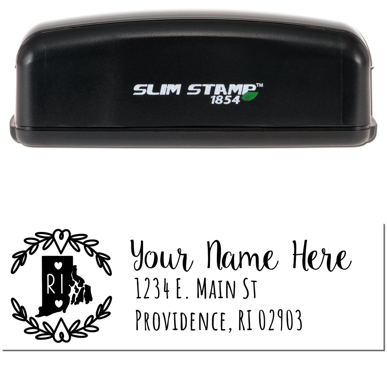 Slim Rhode Island Personalized Pre-Inked Address Stamp with a black casing. Features a customizable address design with a heart and state outline. Ideal for personalizing mail with ease.