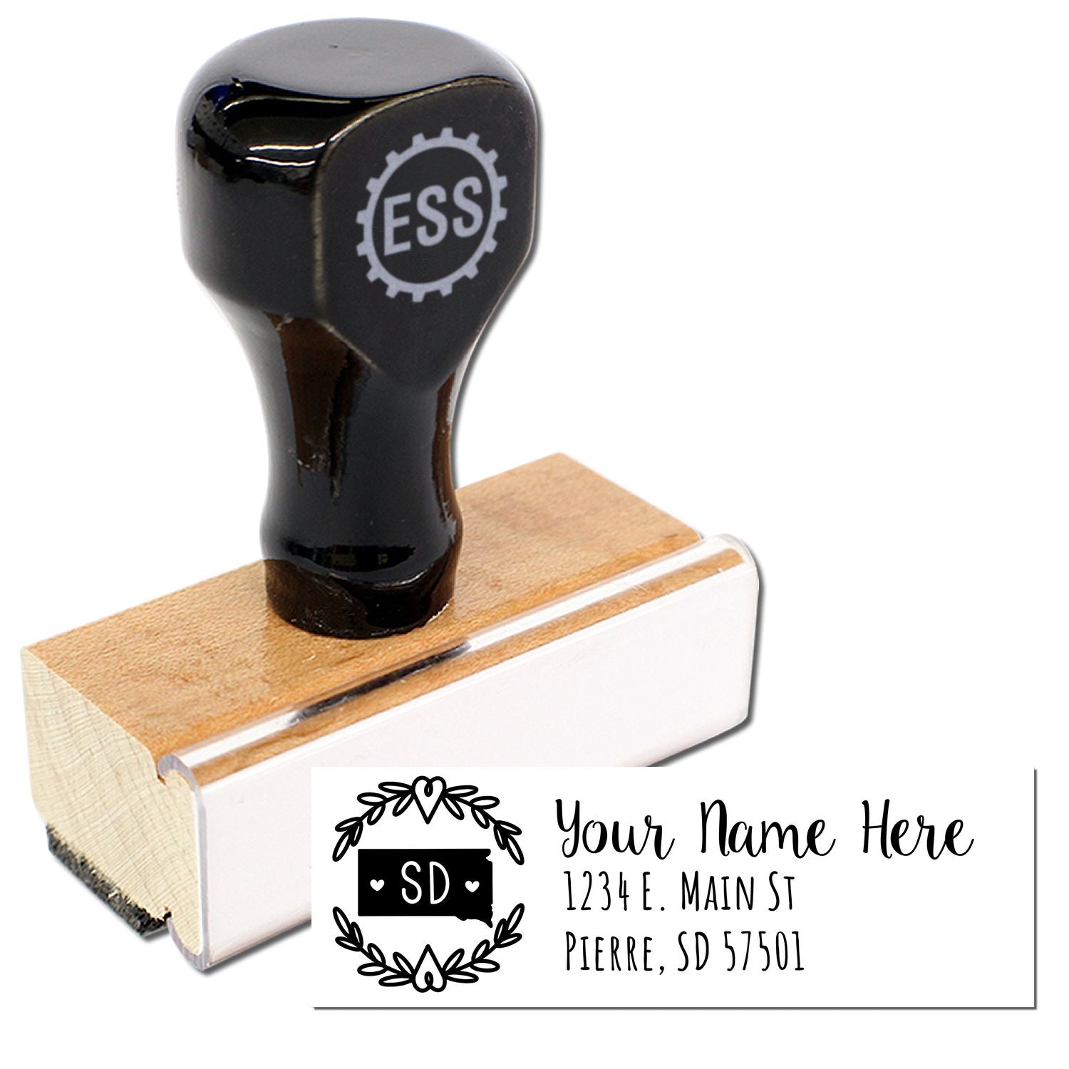 South Dakota State Custom Return Address Stamp with wooden handle and black top, featuring a decorative SD design. Example address: 1234 E. Main St, Pierre, SD 57501.