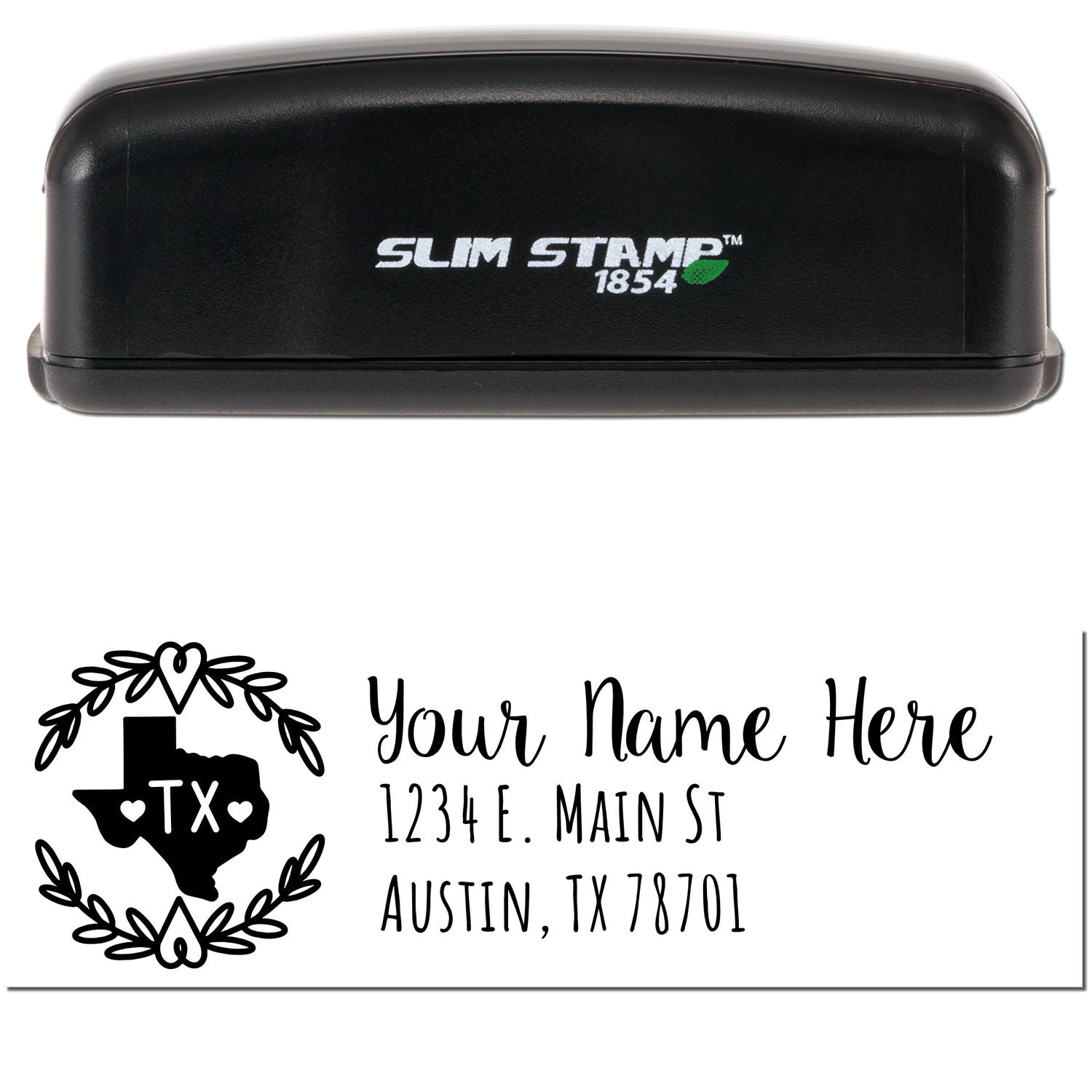 Image of a Slim Texas Personalized Pre-Inked Address Stamp with a black casing. Below, a sample imprint shows a Texas outline, hearts, and customizable address text in a stylish font.