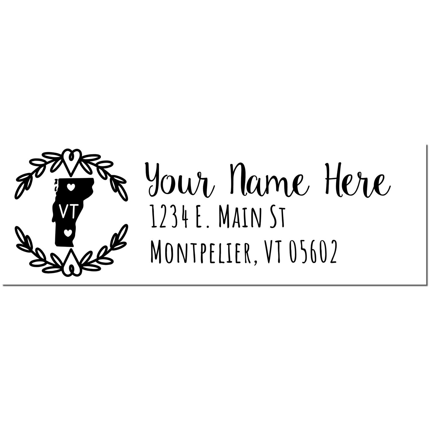 Vermont State Custom Return Address Stamp featuring a Vermont outline with hearts and laurel design, personalized with name and address in elegant font.