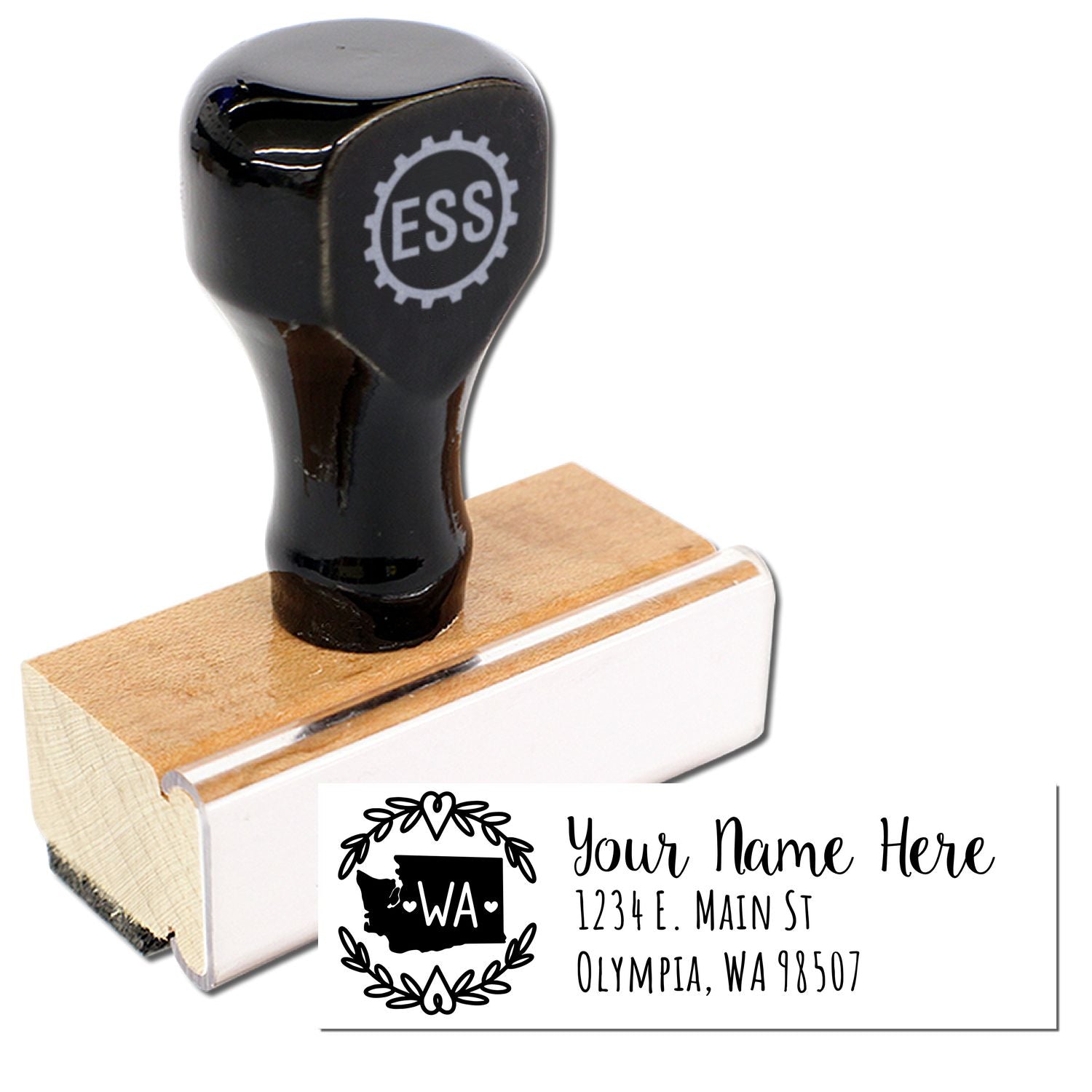 Washington State Custom Return Address Stamp with a wooden base and black handle. Features a decorative state outline and space for personalized address details.