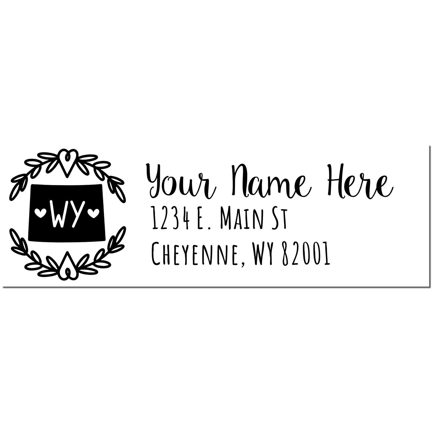 Self-Inking State Wreath of Wyoming Address Stamp featuring a heart-accented wreath with WY in the center. Customizable text for name and address in a stylish font. Perfect for personalizing mail.