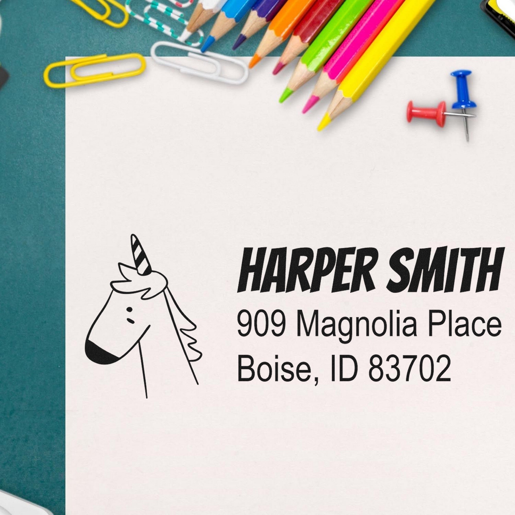 Wood Handle Whimsical Unicorn Personalized Address Label Rubber Stamp