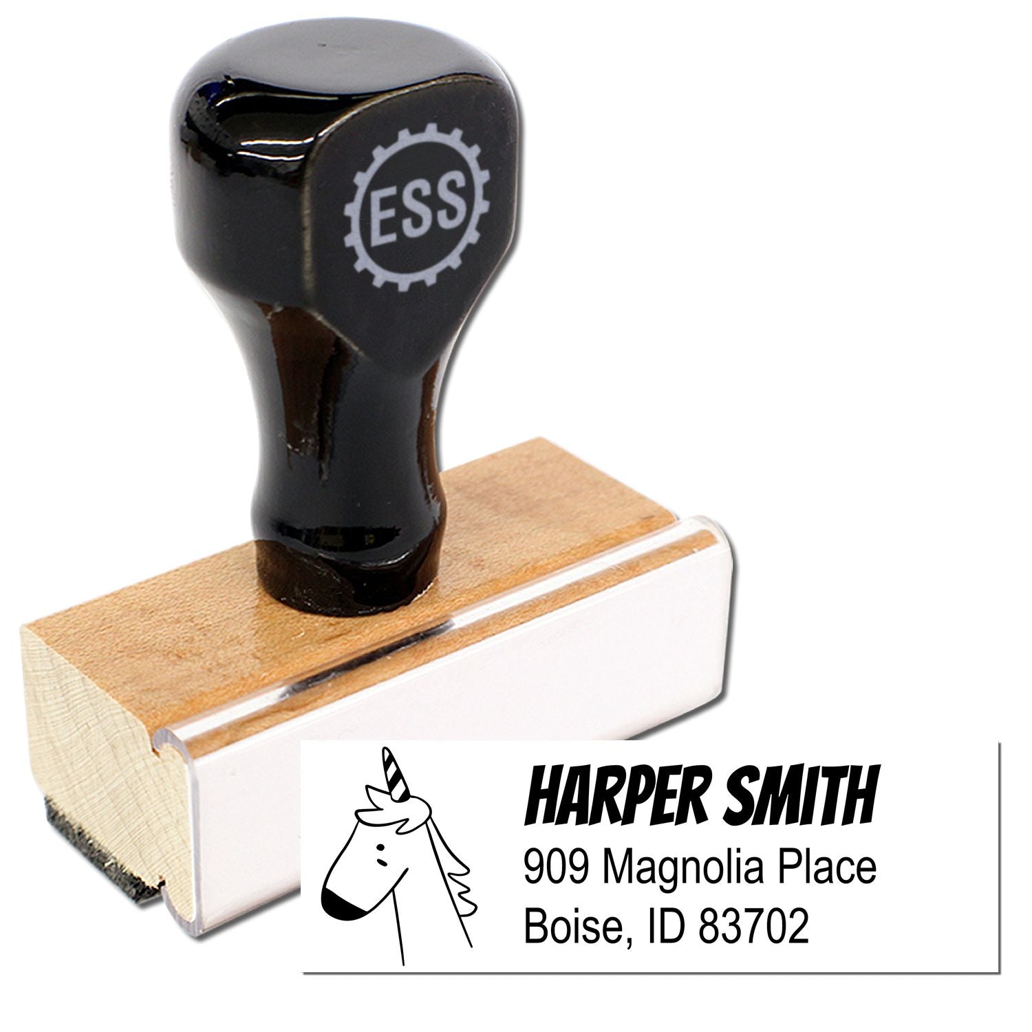 Wood Handle Whimsical Unicorn Personalized Address Label Rubber Stamp