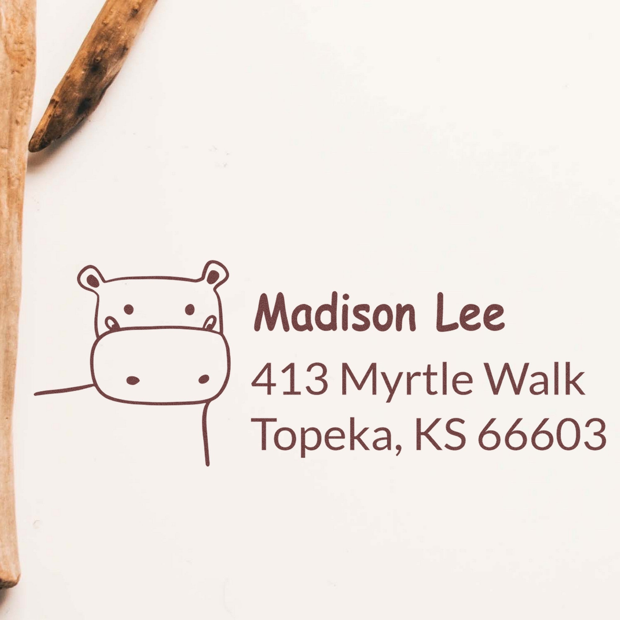 Wood Handle Happy Hippo Custom Mailing Rubber Stamp