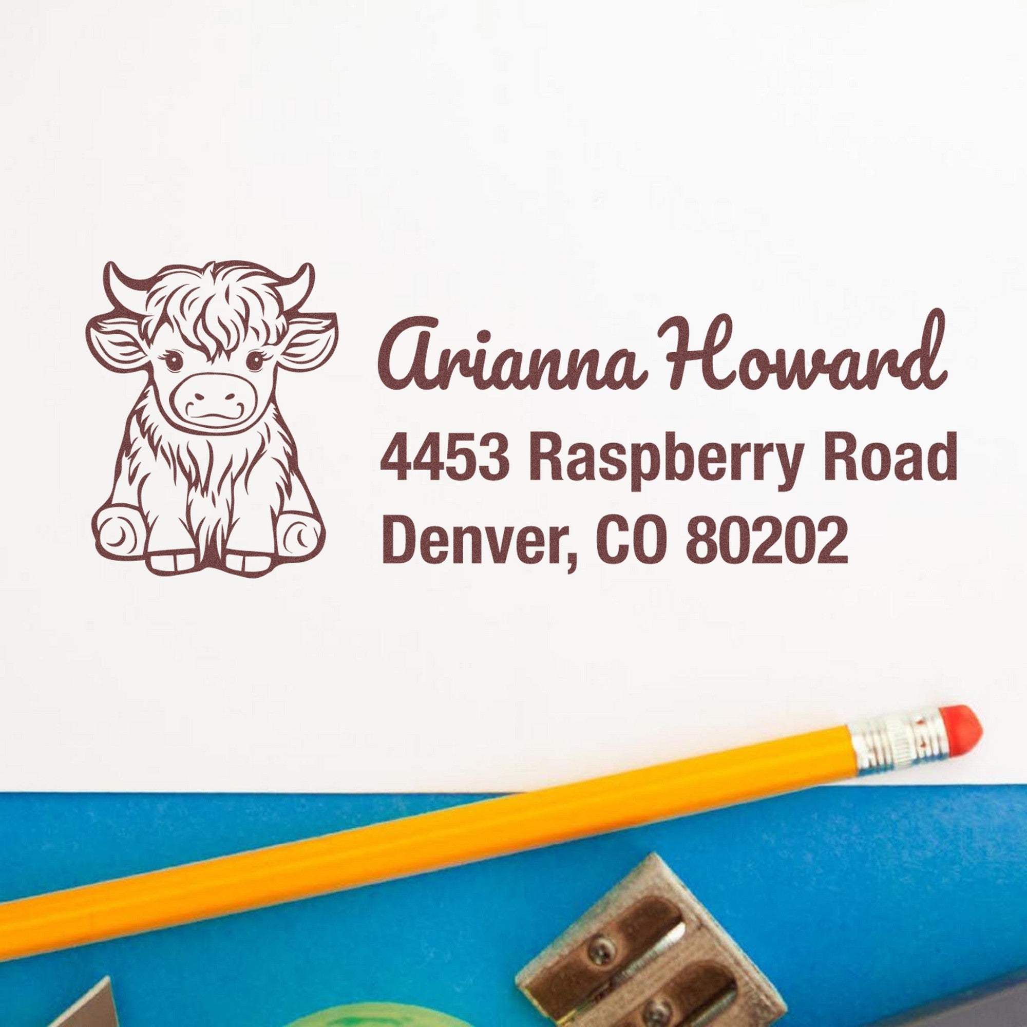 Slim Pre-Inked Rustic Cow Handmade Return Address Stamp