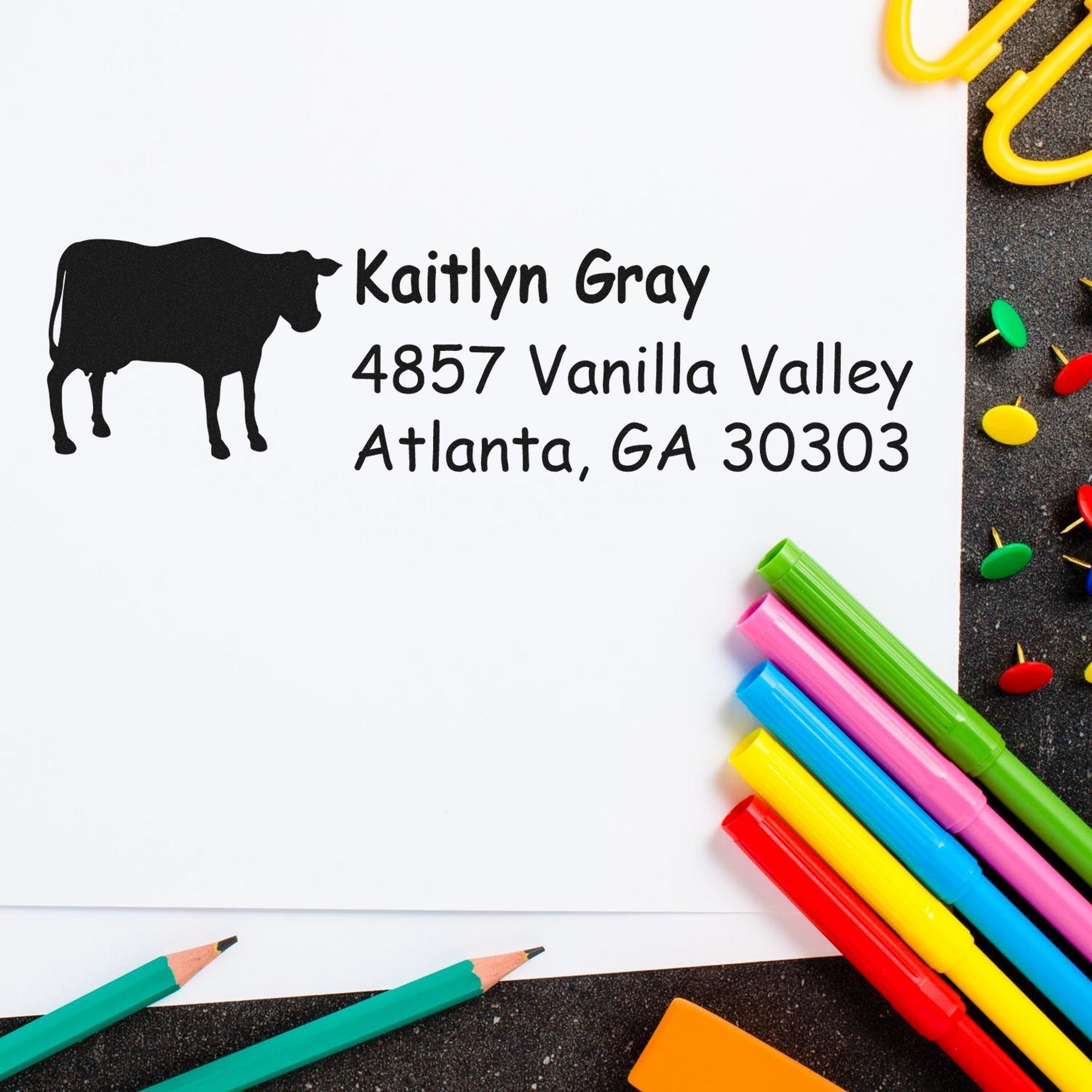 Self-Inking Stoic Steer Handmade Mailing Address Stamp