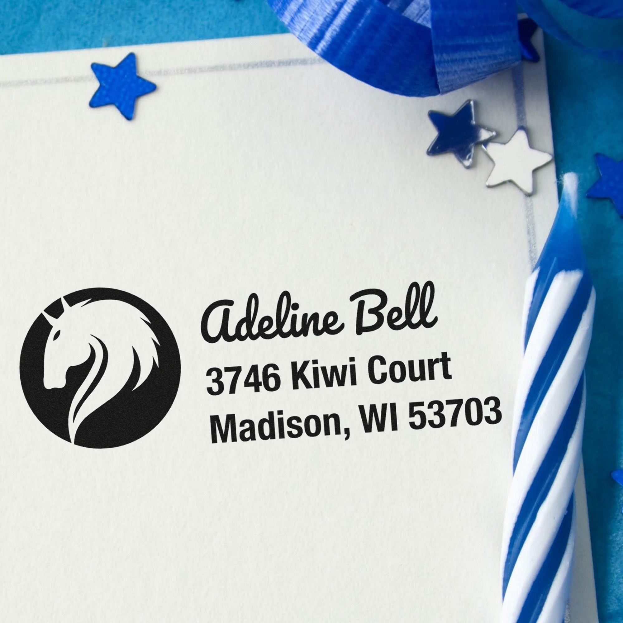 Sapphire Blue Horse Custom Address Rubber Stamp